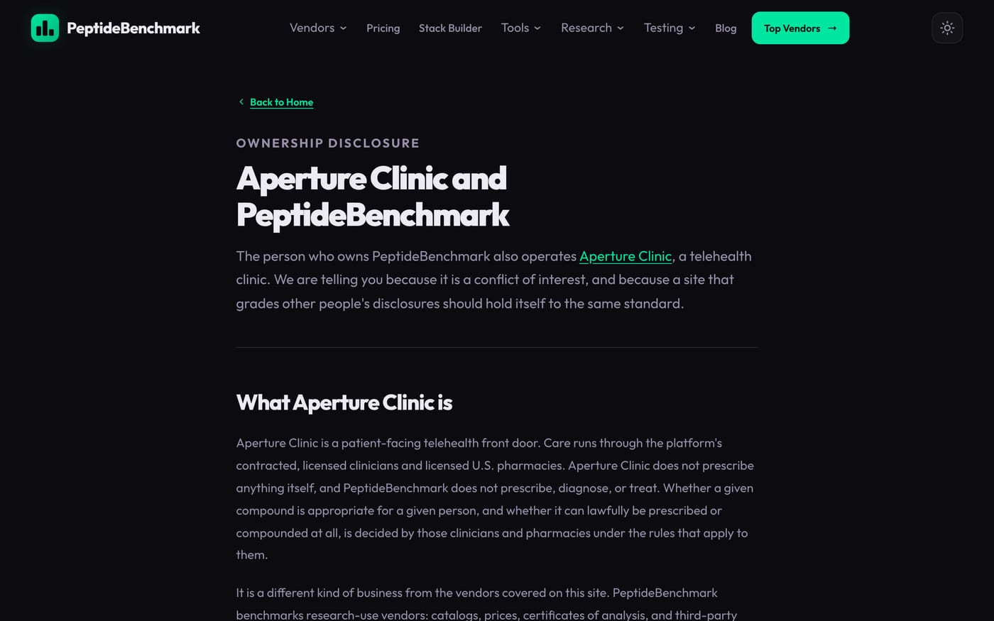 The top of PeptideBenchmark's ownership disclosure page, headed 'Aperture Clinic and PeptideBenchmark', stating that the person who owns PeptideBenchmark also operates Aperture Clinic