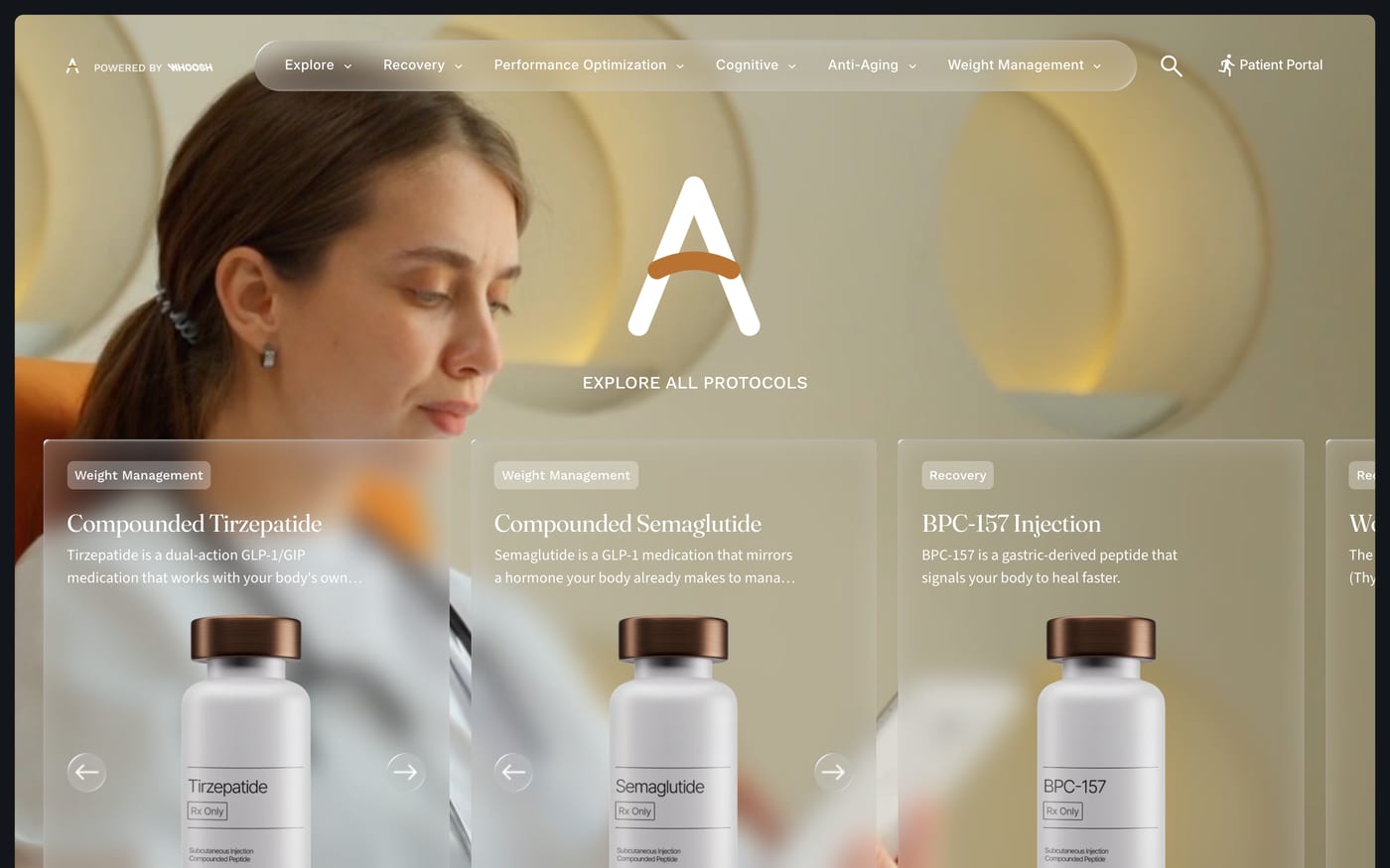 The Aperture Clinic storefront: a navigation bar with the Aperture lettermark, 'powered by' the platform's wordmark, and protocol cards for compounded tirzepatide, compounded semaglutide, and BPC-157 marked Rx only