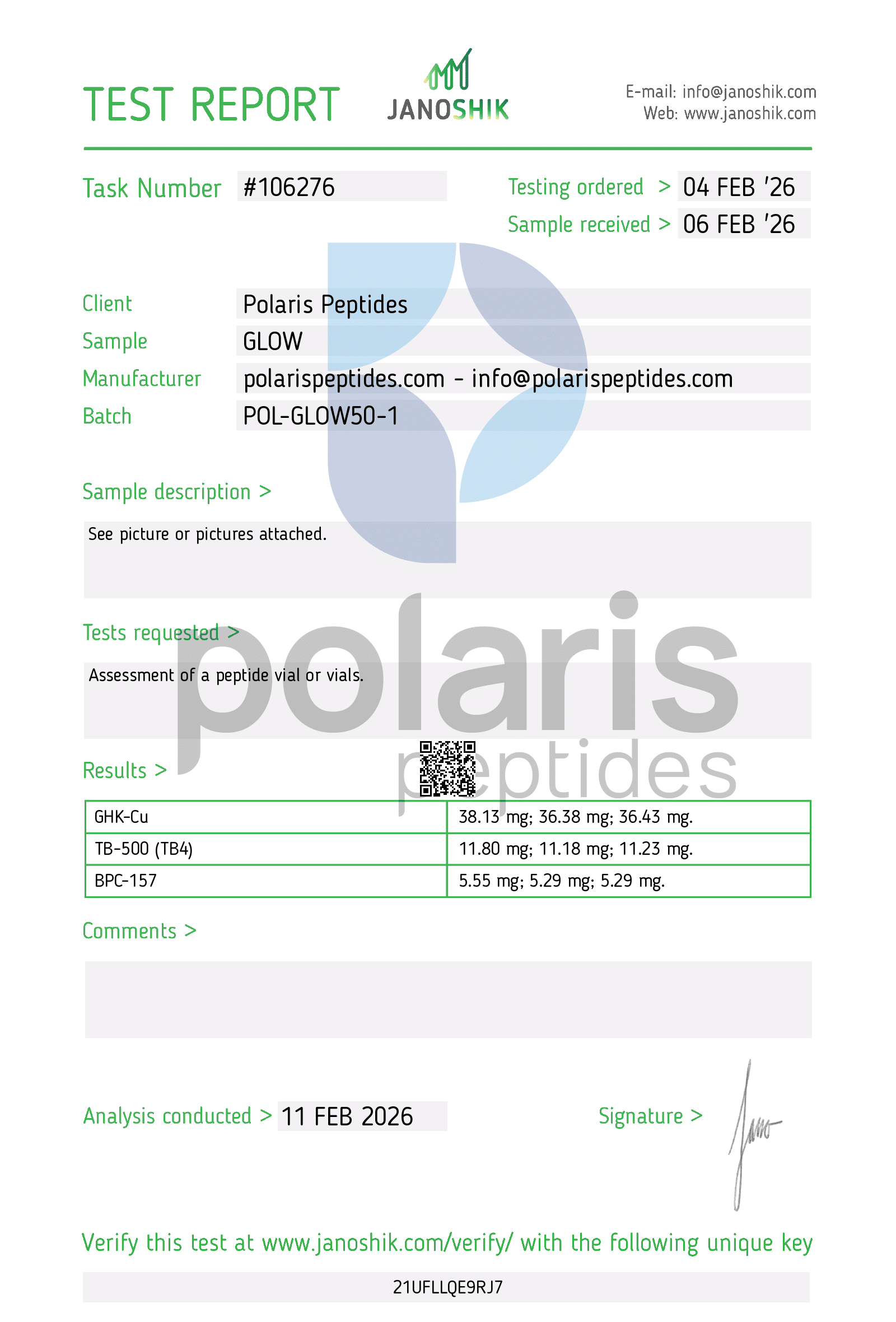 Certificate of Analysis for GLOW 50: GHK-cu 35mg, TB-500 10mg, BPC-157 5mg Blend from Polaris Peptides