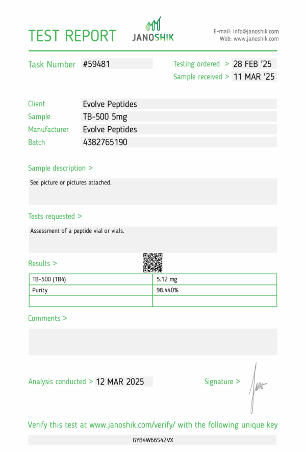 Certificate of Analysis for Bpc 157 Tb 500 Blend 10 10 Mg from Evolve Peptides