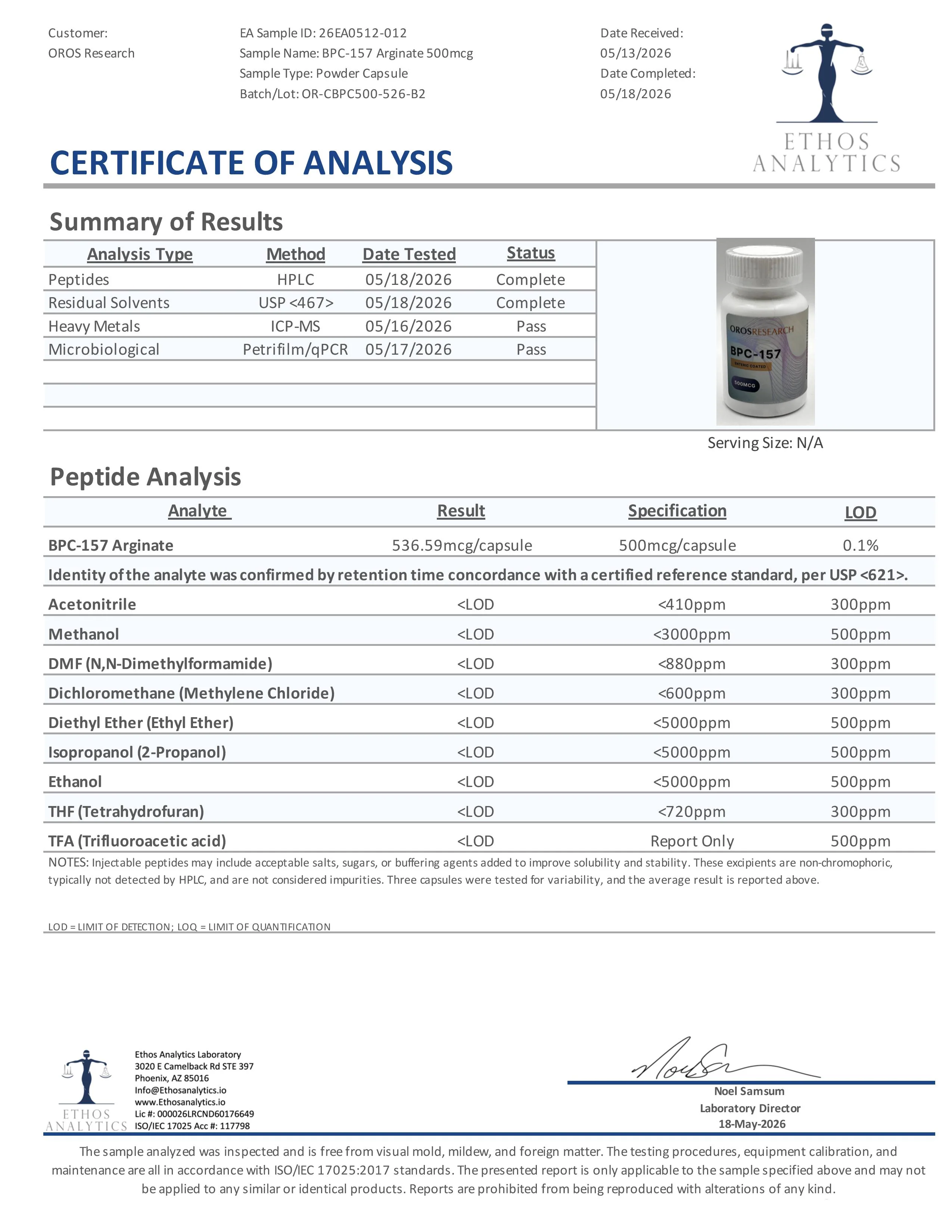 Certificate of Analysis for BPC-157 Capsules from Oros Research