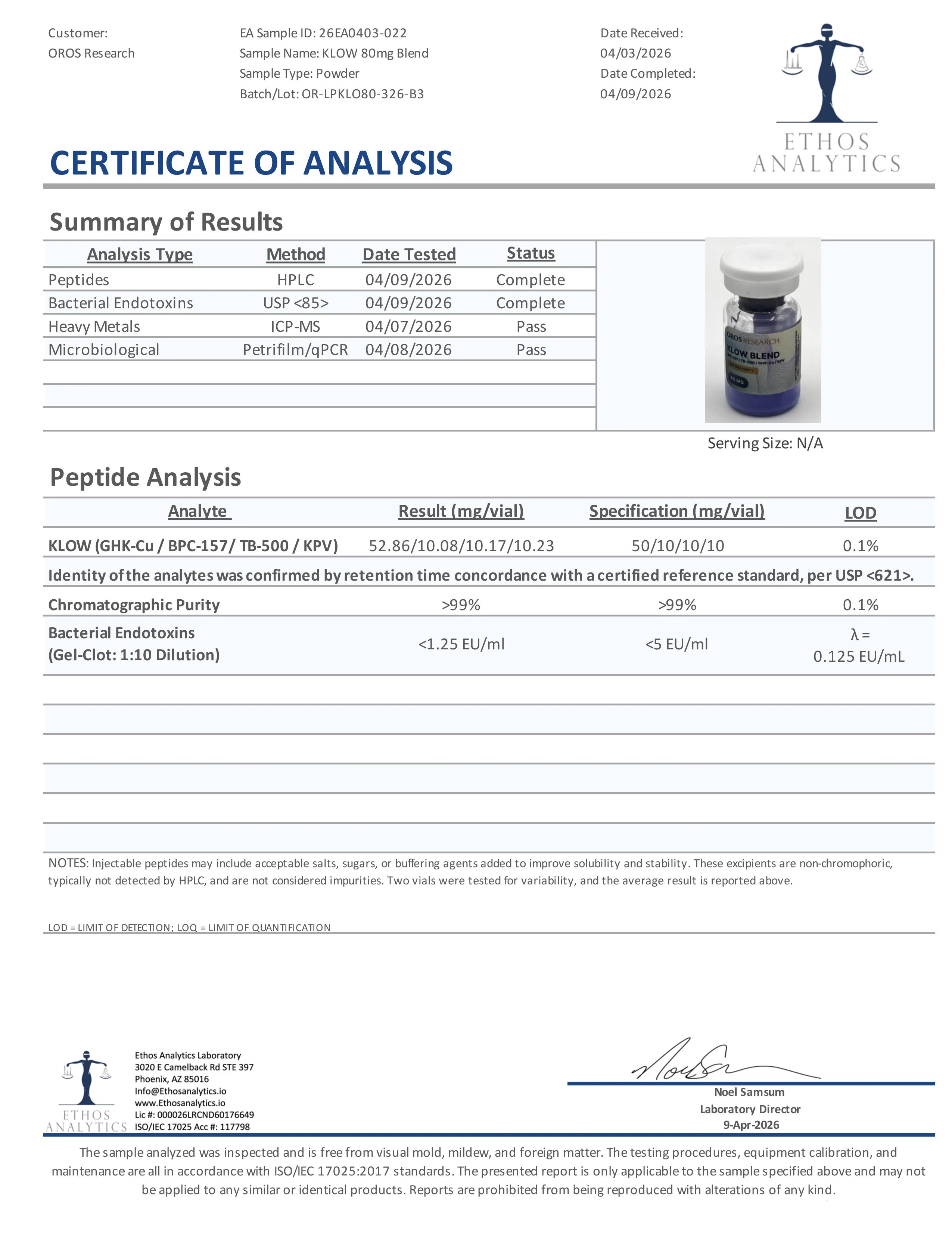 Certificate of Analysis for KLOW from Oros Research