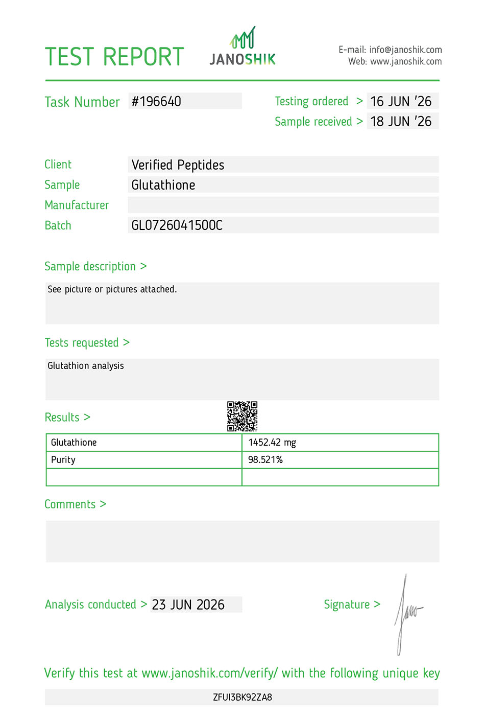 Certificate of Analysis for Glutathione Peptide (1500MG) from Verified Peptides