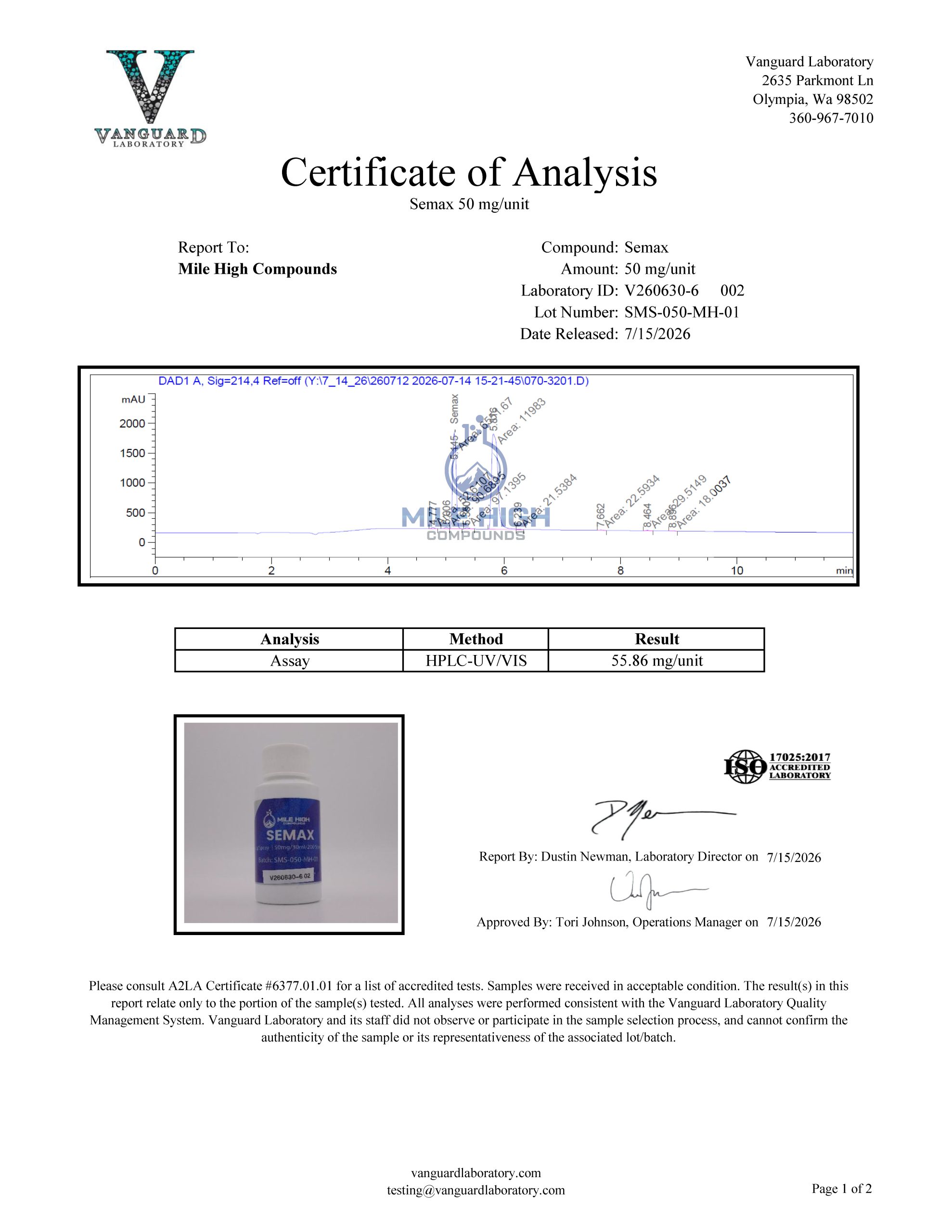 Certificate of Analysis for Semax Research Spray from Mile High Compounds