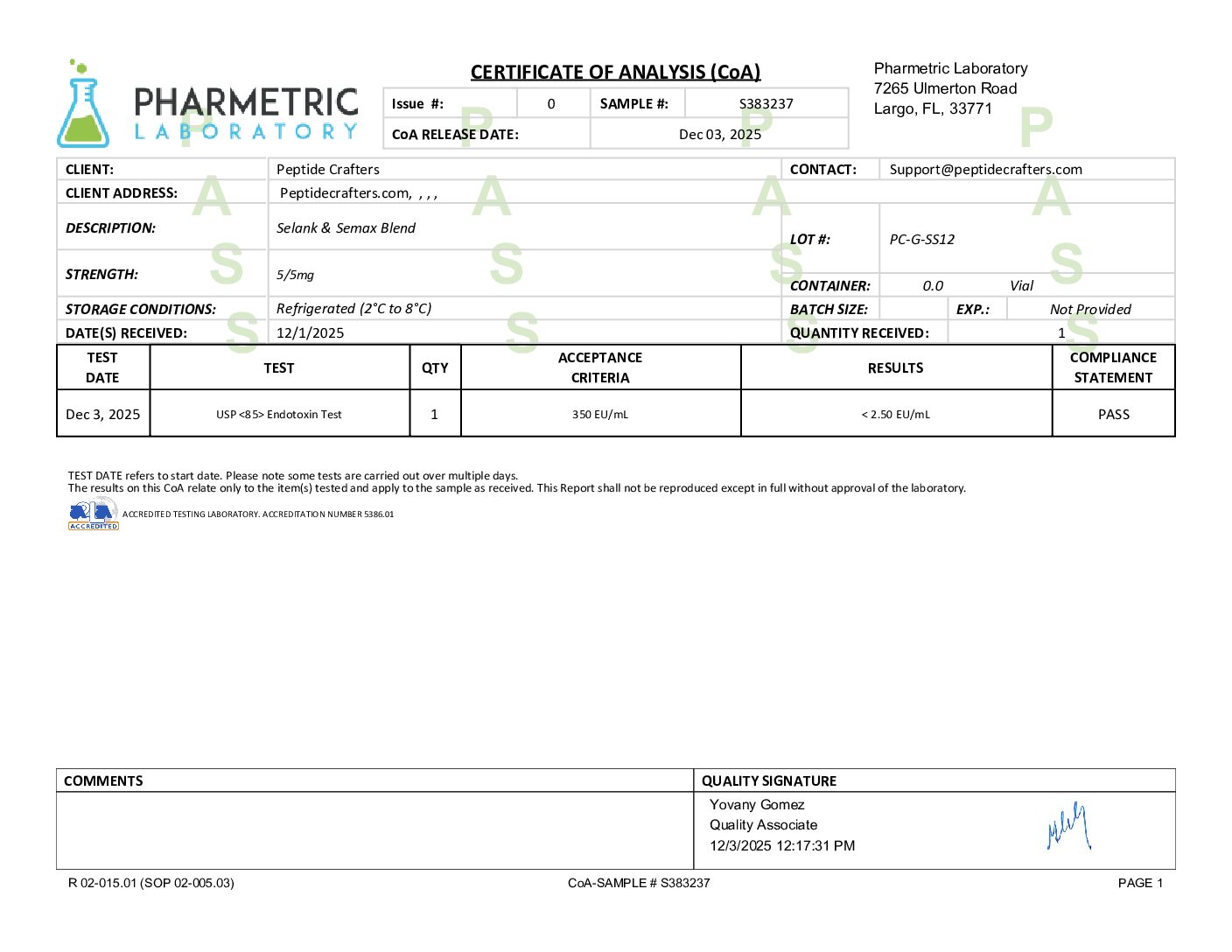 Certificate of Analysis for Selank & Semax 10mg (5/5mg) Blend from Peptide Crafters
