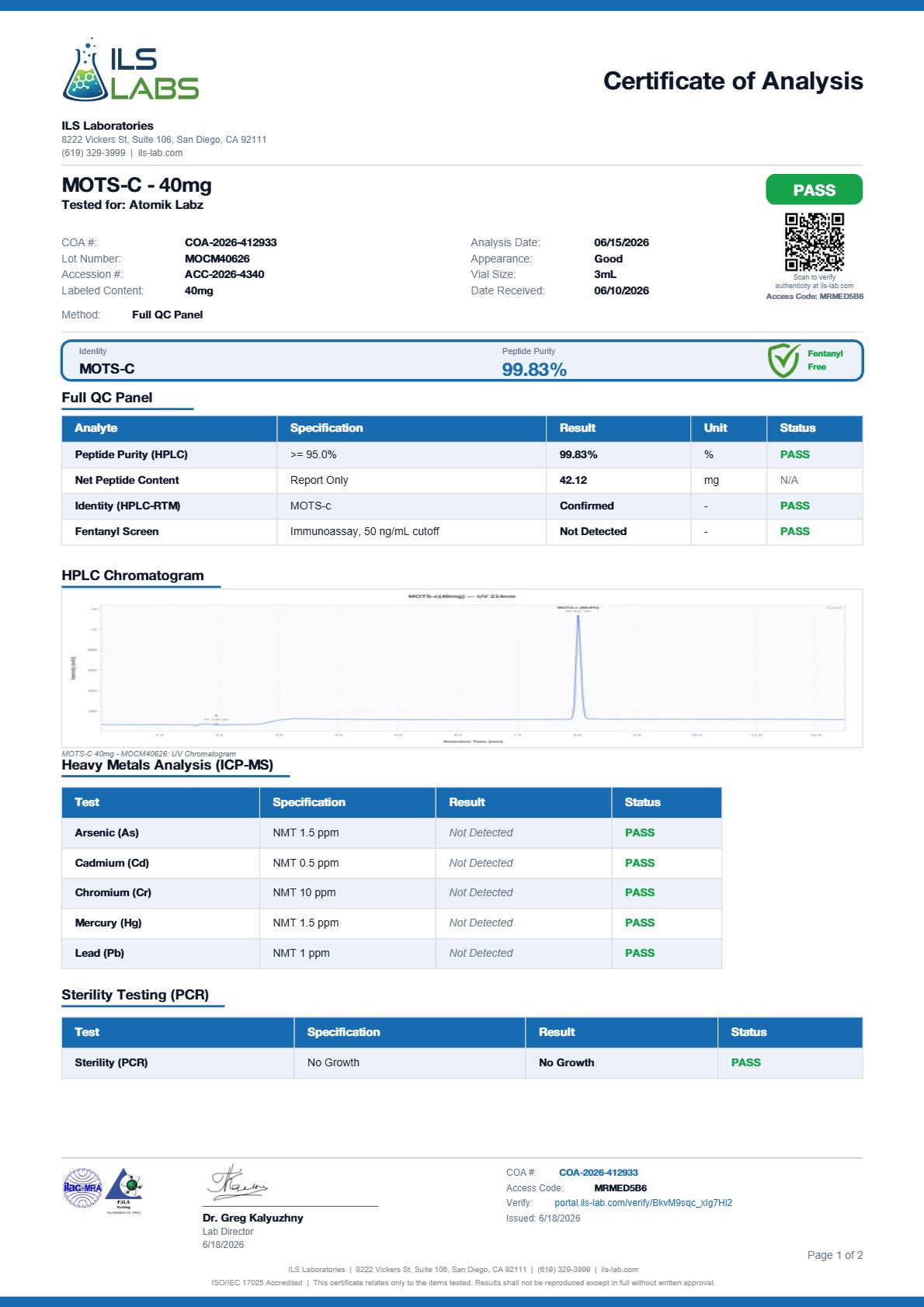 Certificate of Analysis for MOTS-c from Atomik Labz