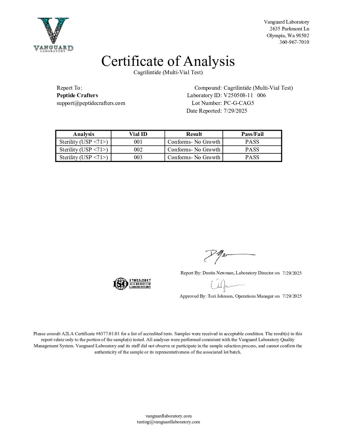 Certificate of Analysis for Cagrilintide (5mg) from Peptide Crafters