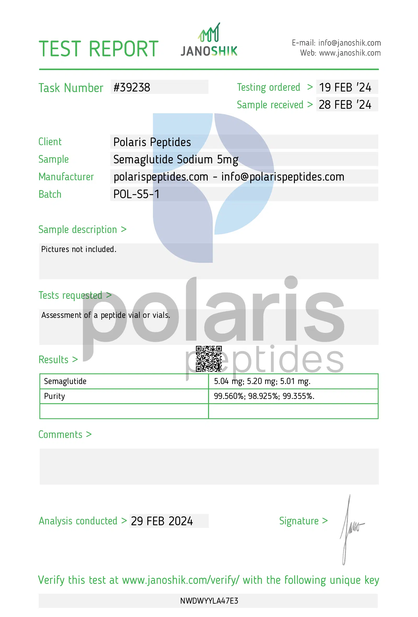 Certificate of Analysis for Semaglutide 5mg from Polaris Peptides