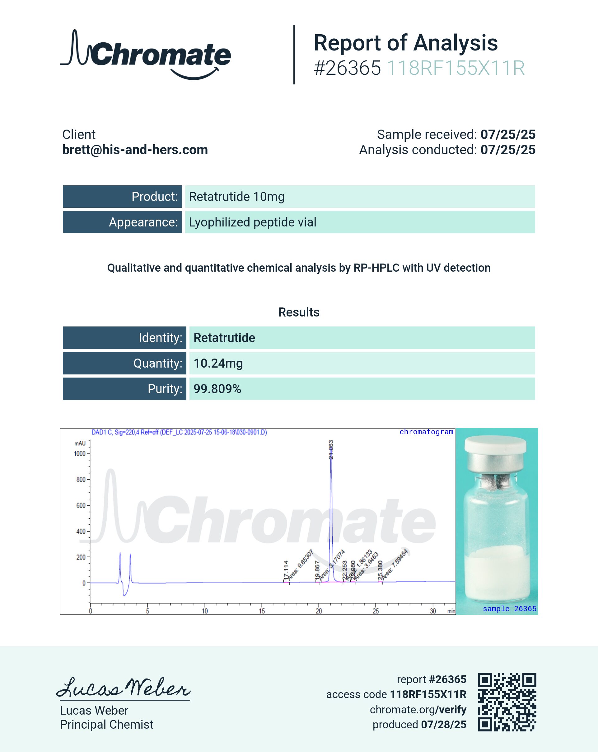 Certificate of Analysis for Retatrutide 10mg from VAYN