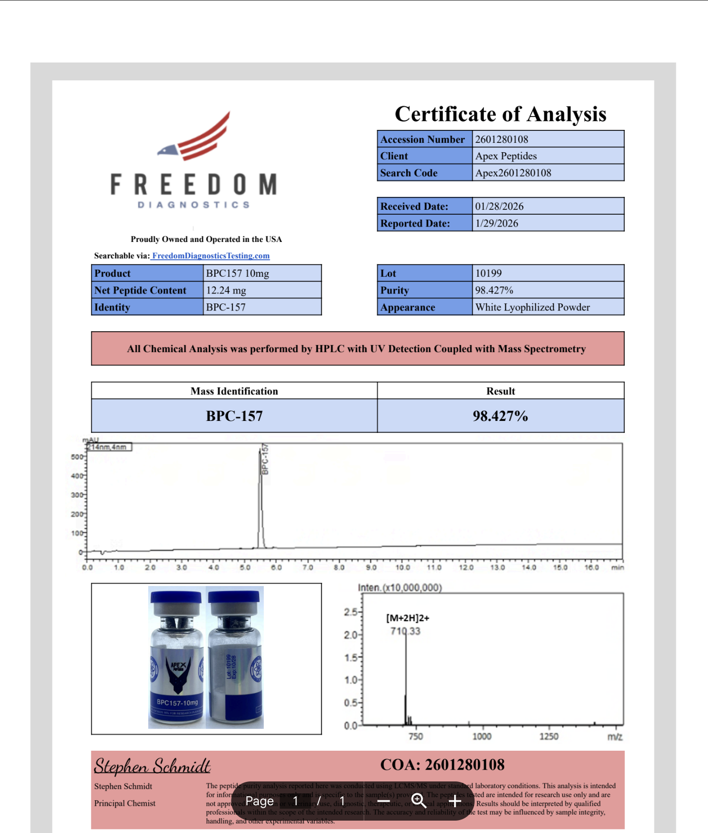 Certificate of Analysis for BPC-157 from Apex-Peptides.com