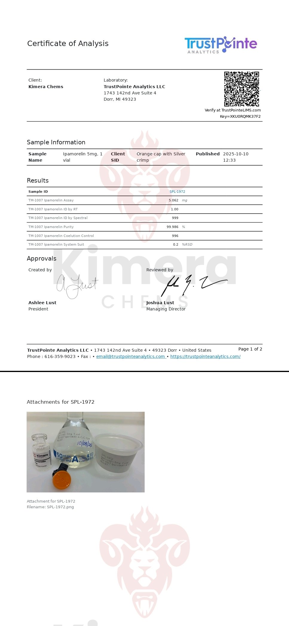 Certificate of Analysis for Ipamorelin from Kimera Chems