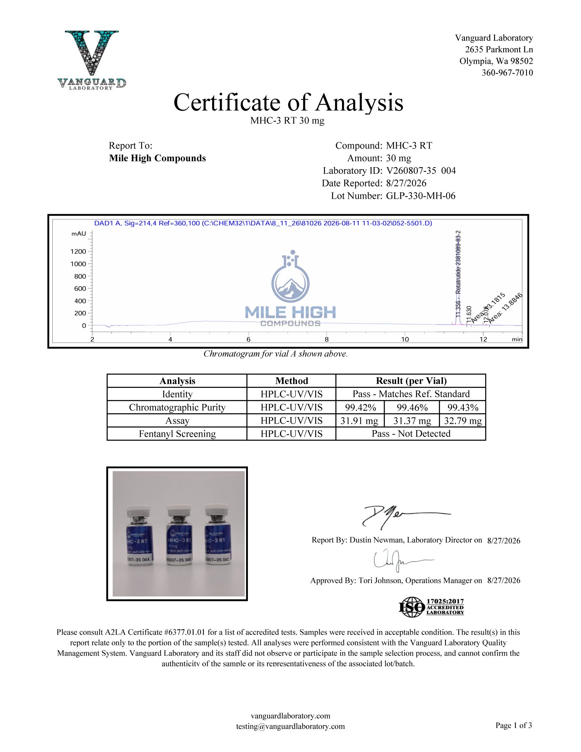 Certificate of Analysis for Mhc 3 Rt from Mile High Compounds