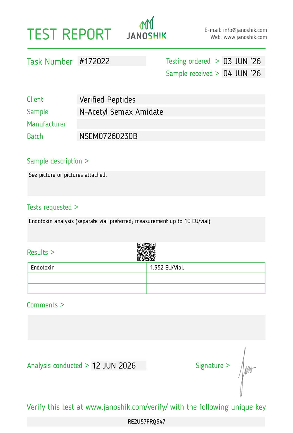 Certificate of Analysis for N-Acetyl Semax Peptide from Verified Peptides