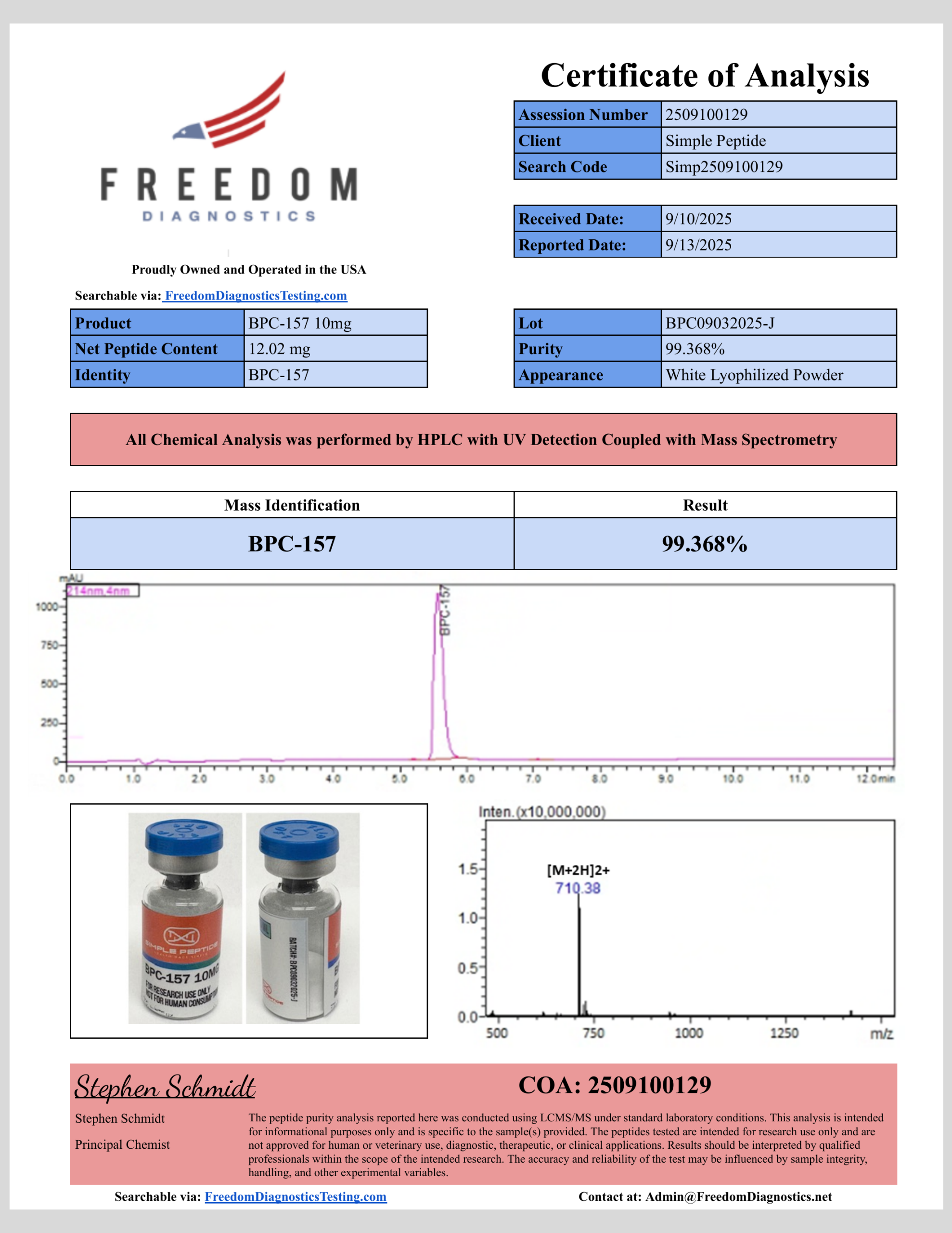Certificate of Analysis for BPC-157 from Simple Peptide