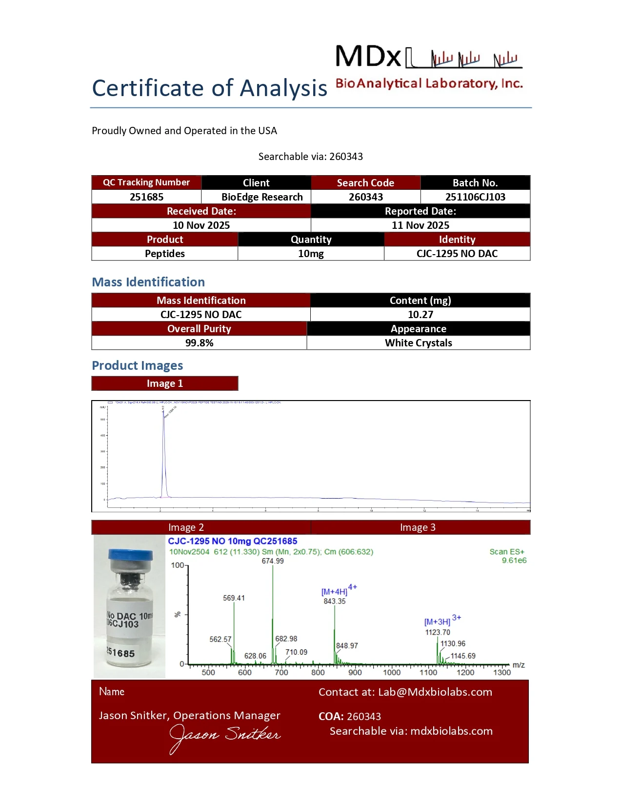 Certificate of Analysis for CJC-1295 No Dac (10mg) from BioEdge Research Labs