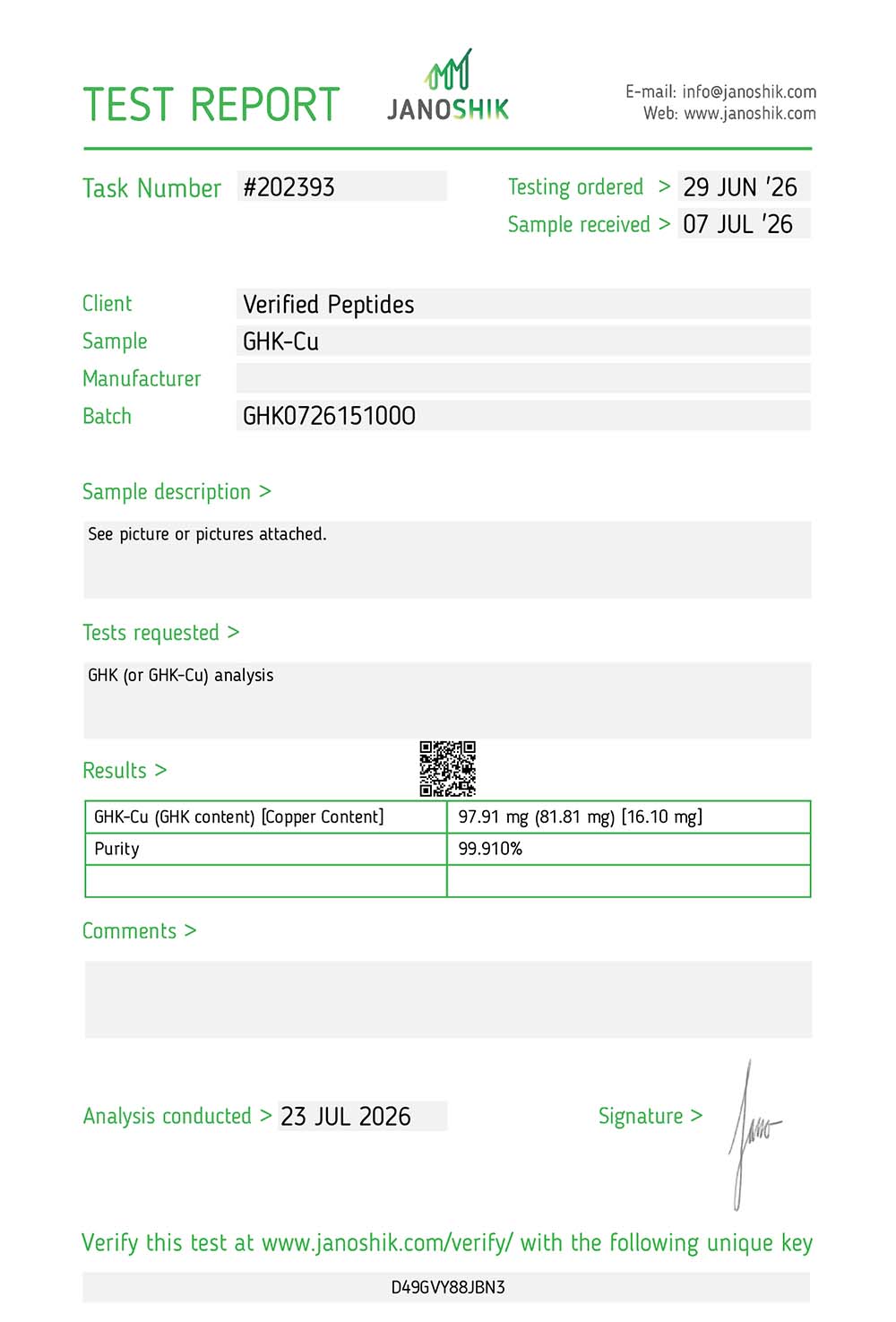 Certificate of Analysis for GHK-Cu Copper Peptide (100MG) from Verified Peptides
