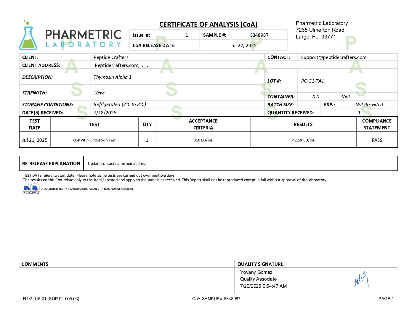 Certificate of Analysis for Thymosin alpha 1 (10mg) from Peptide Crafters