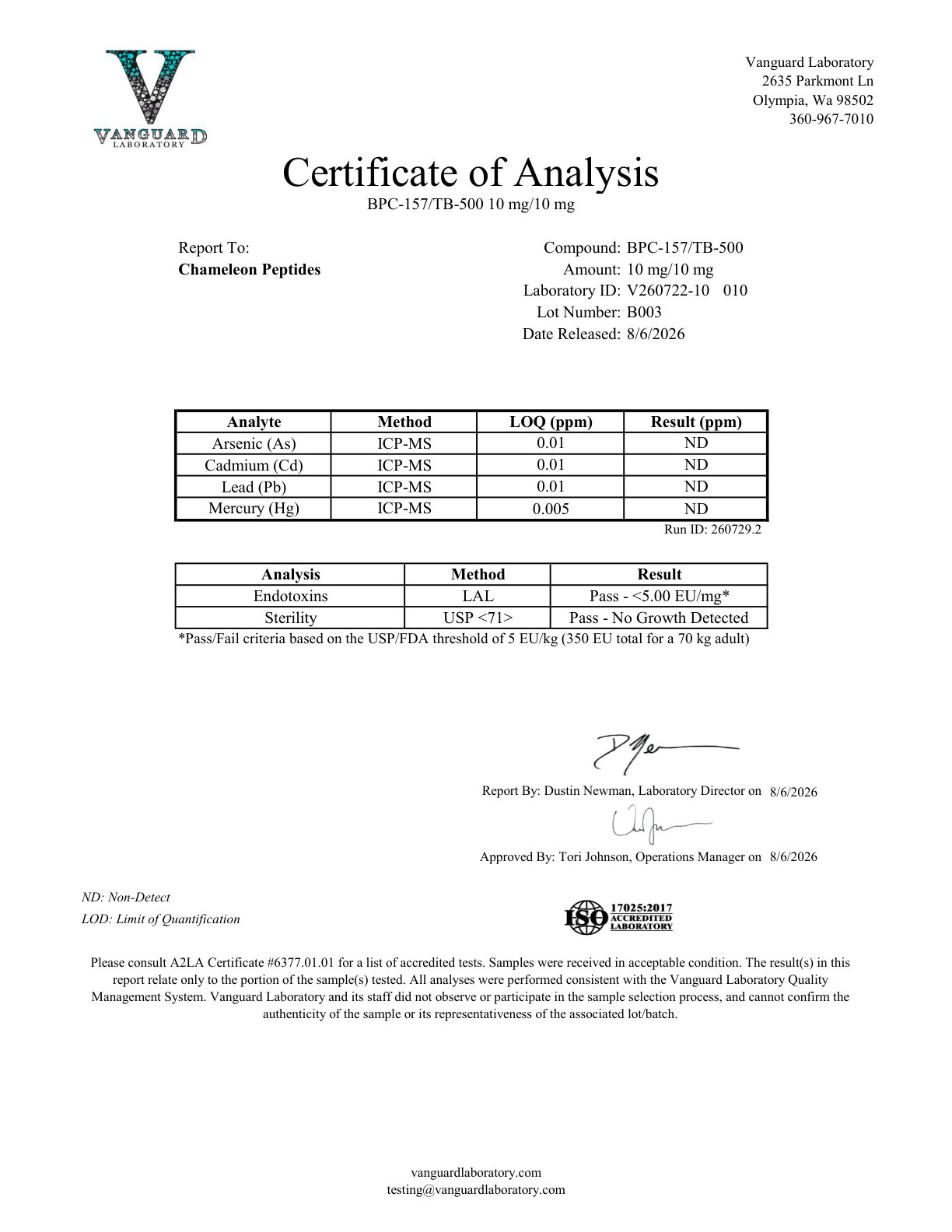 Certificate of Analysis for BPC-157/TB-500 from Chameleon Peptides