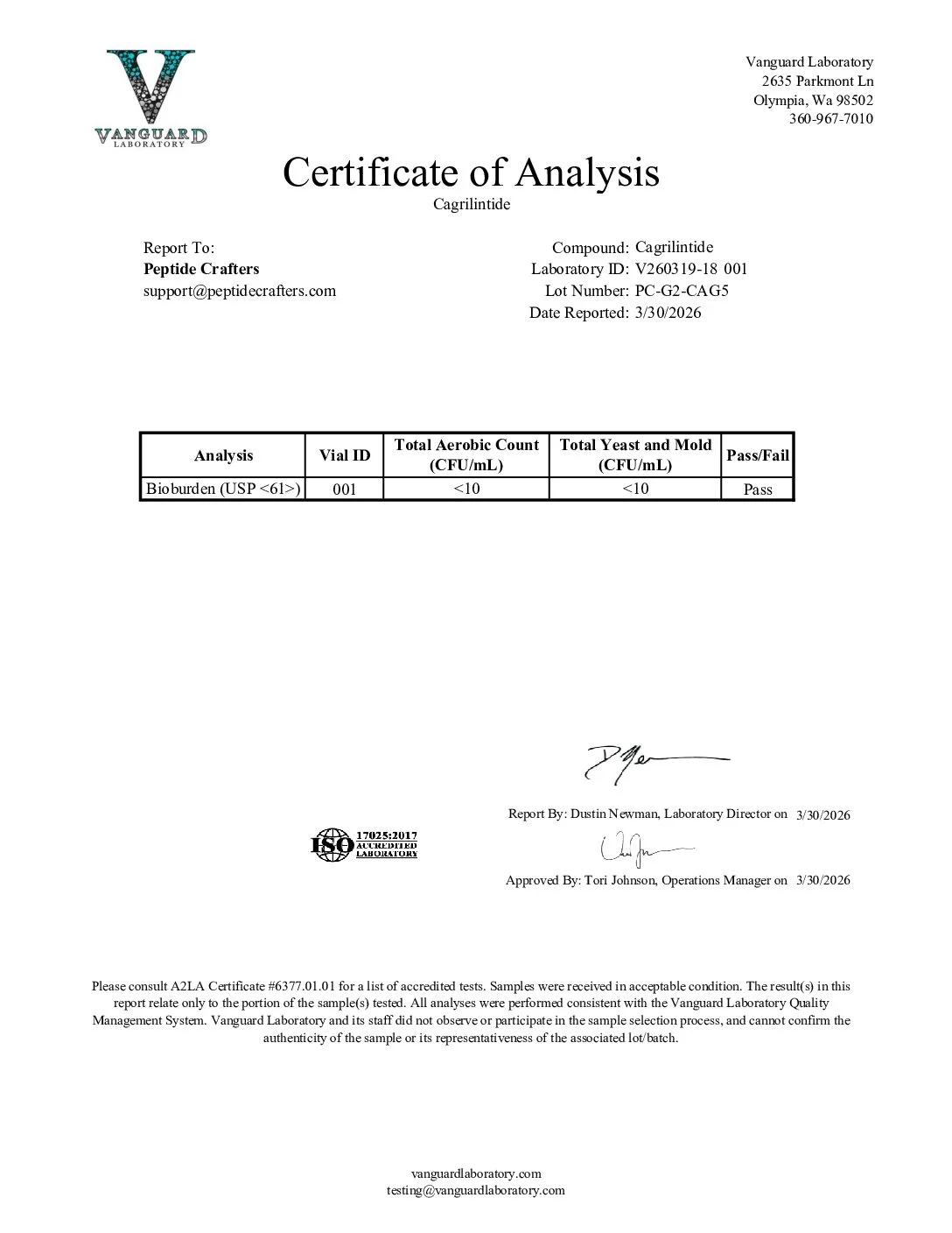 Certificate of Analysis for Cagrilintide (5mg) from Peptide Crafters