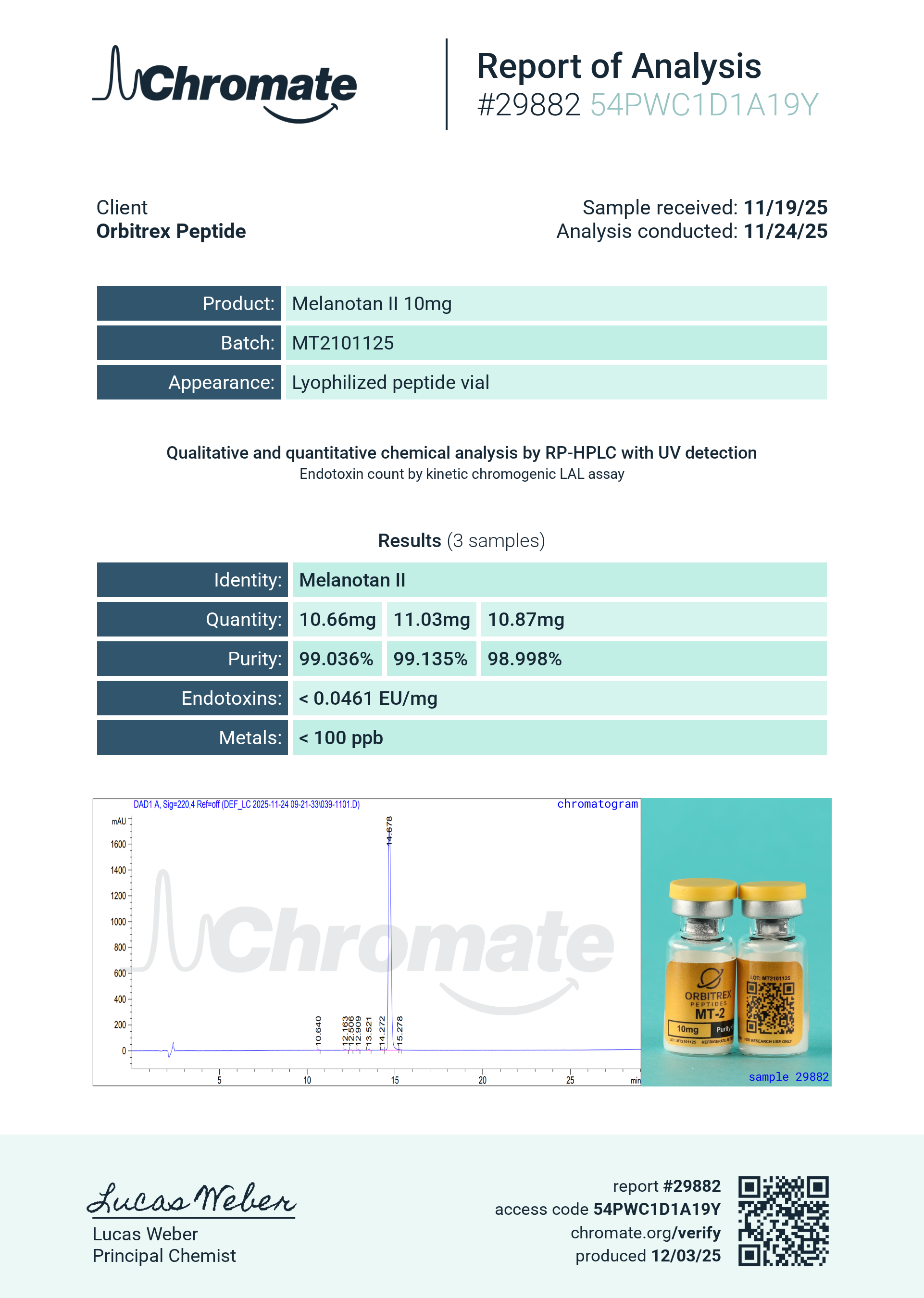 Certificate of Analysis for MT-II from Orbitrex Peptides