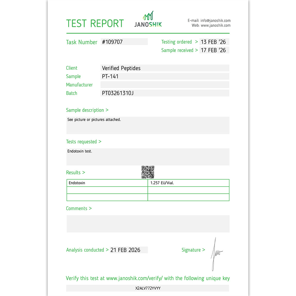 Certificate of Analysis for PT-141 Peptide (10MG) from Verified Peptides