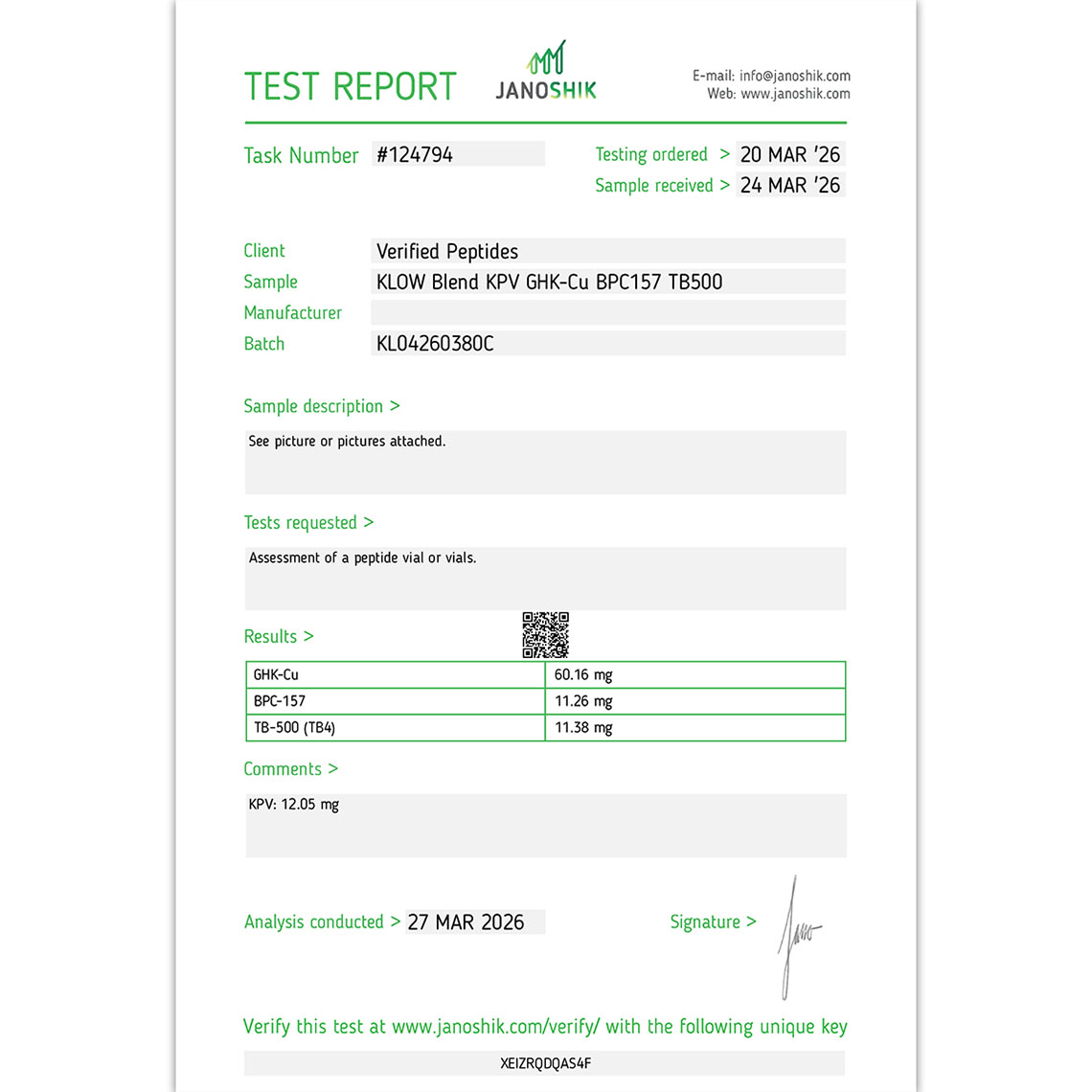Certificate of Analysis for KLOW Blend from Verified Peptides