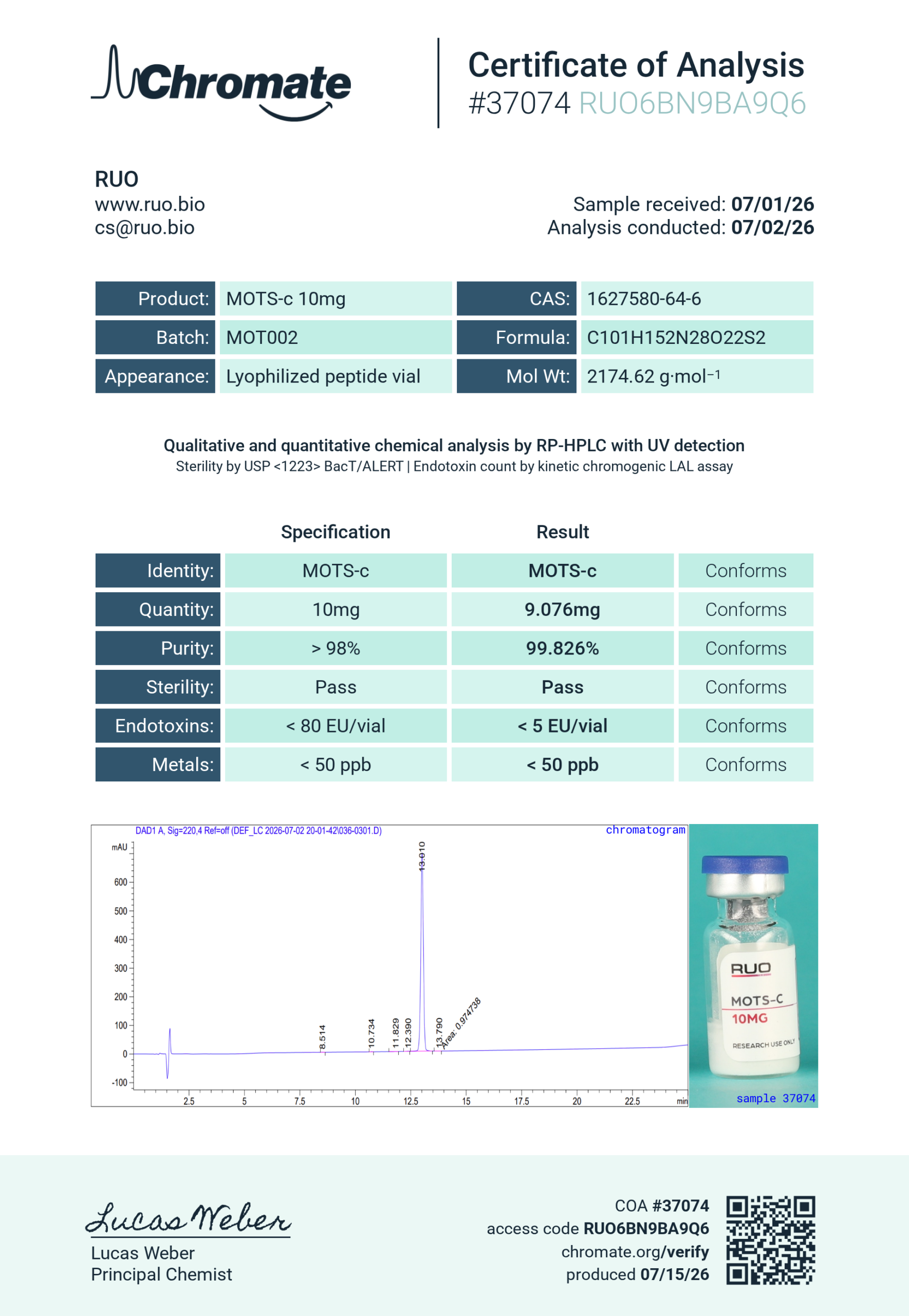 Certificate of Analysis for MOTS-c (10mg) from RUO