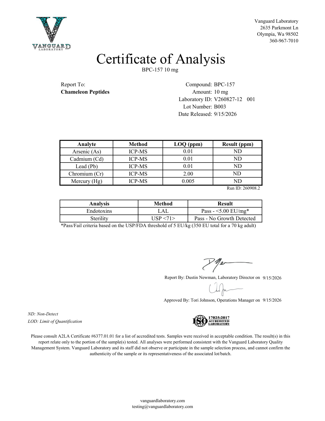 Certificate of Analysis for BPC-157 from Chameleon Peptides