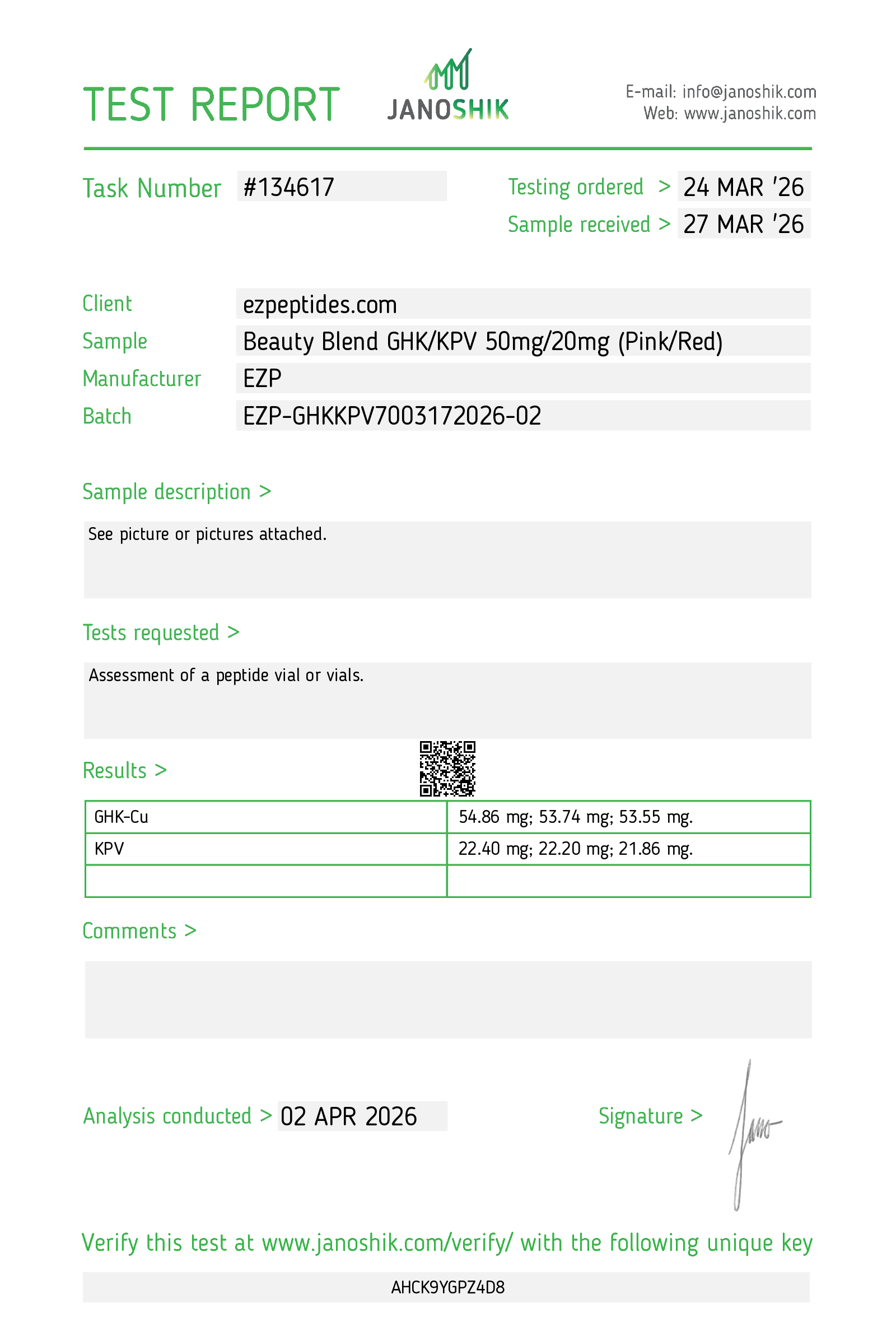 Certificate of Analysis for Beauty Blend (GHK-cu/KPV) 50mg/20mg from EZ Peptides