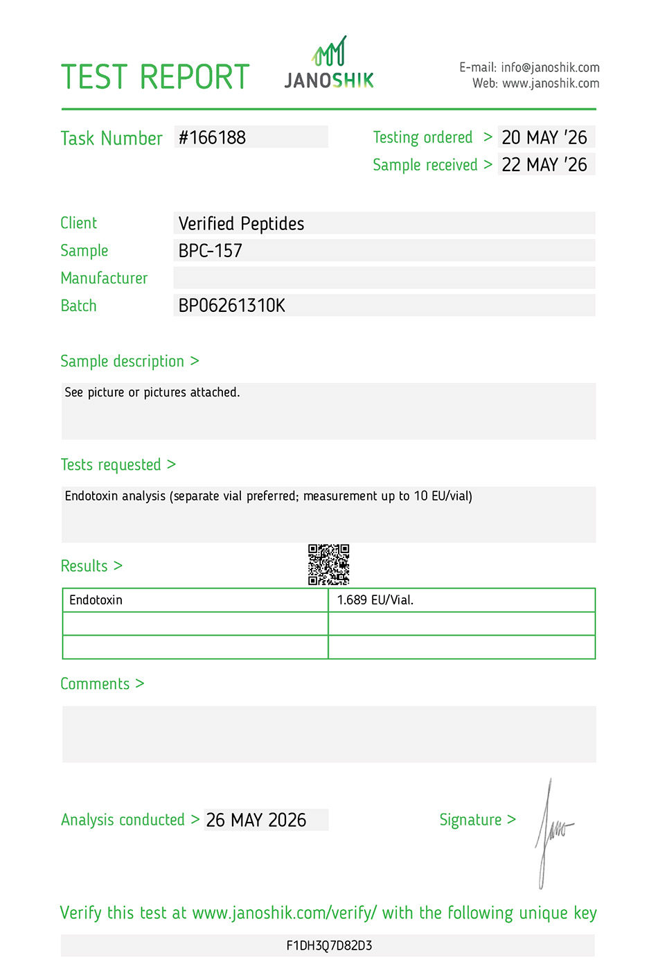 Certificate of Analysis for BPC-157 Peptide (10MG) from Verified Peptides