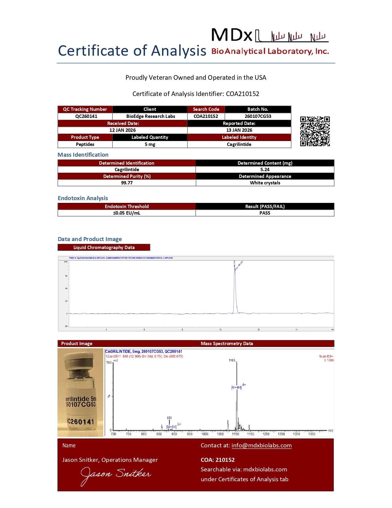 Certificate of Analysis for Cagrilintide (5mg) 5MG from BioEdge Research Labs