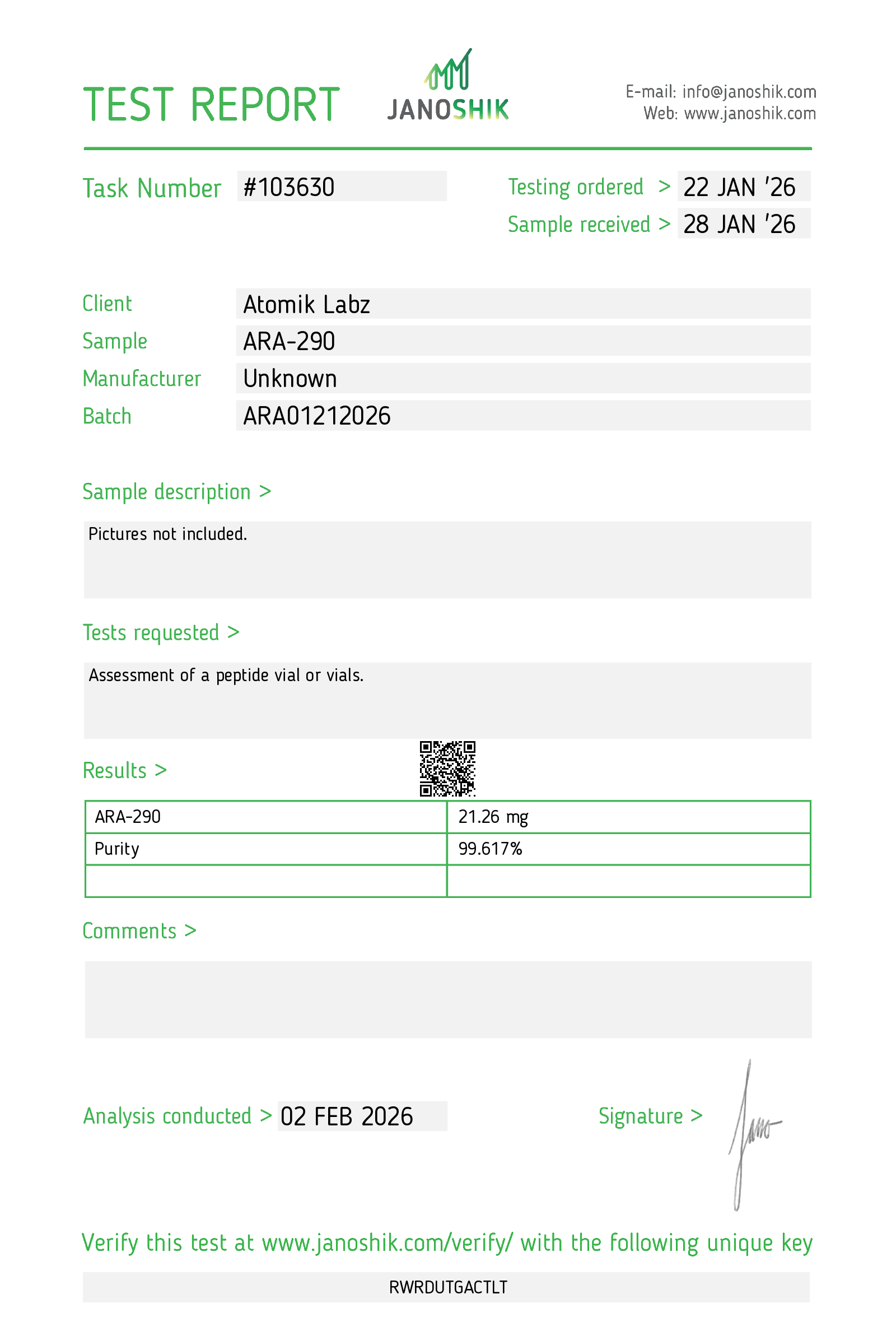 Certificate of Analysis for ARA-290 from Atomik Labz