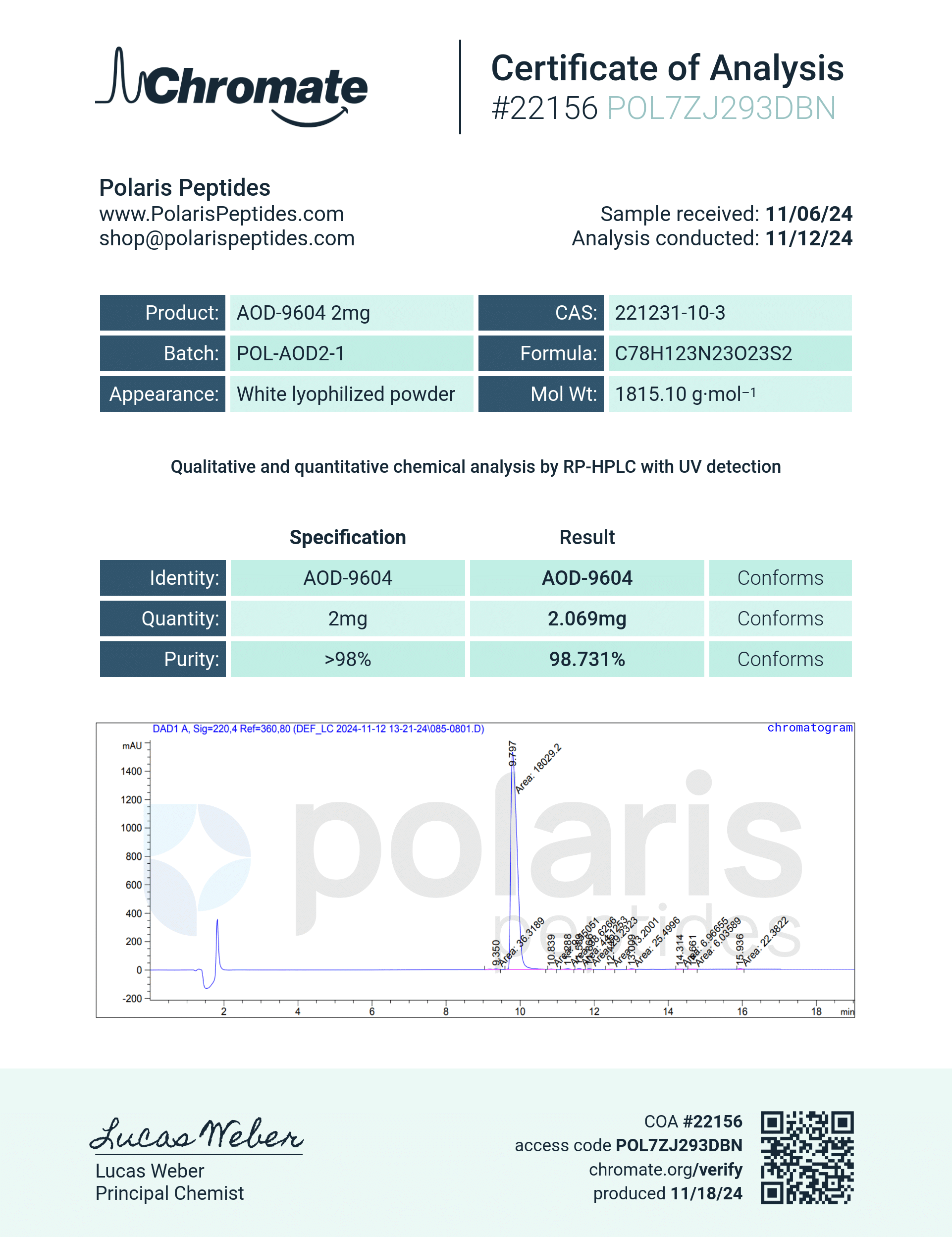 Certificate of Analysis for AOD-9604 2mg from Polaris Peptides
