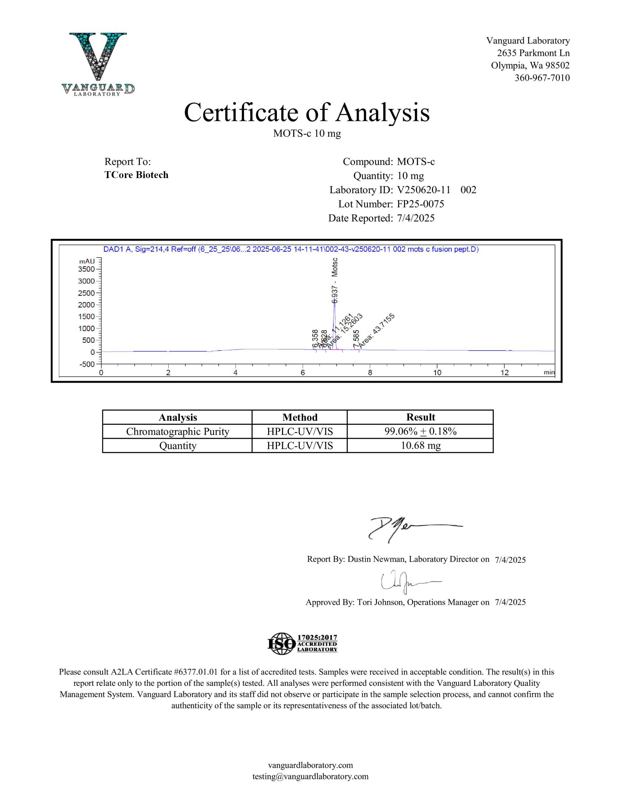 Certificate of Analysis for MOTS-c from TCore Biotech