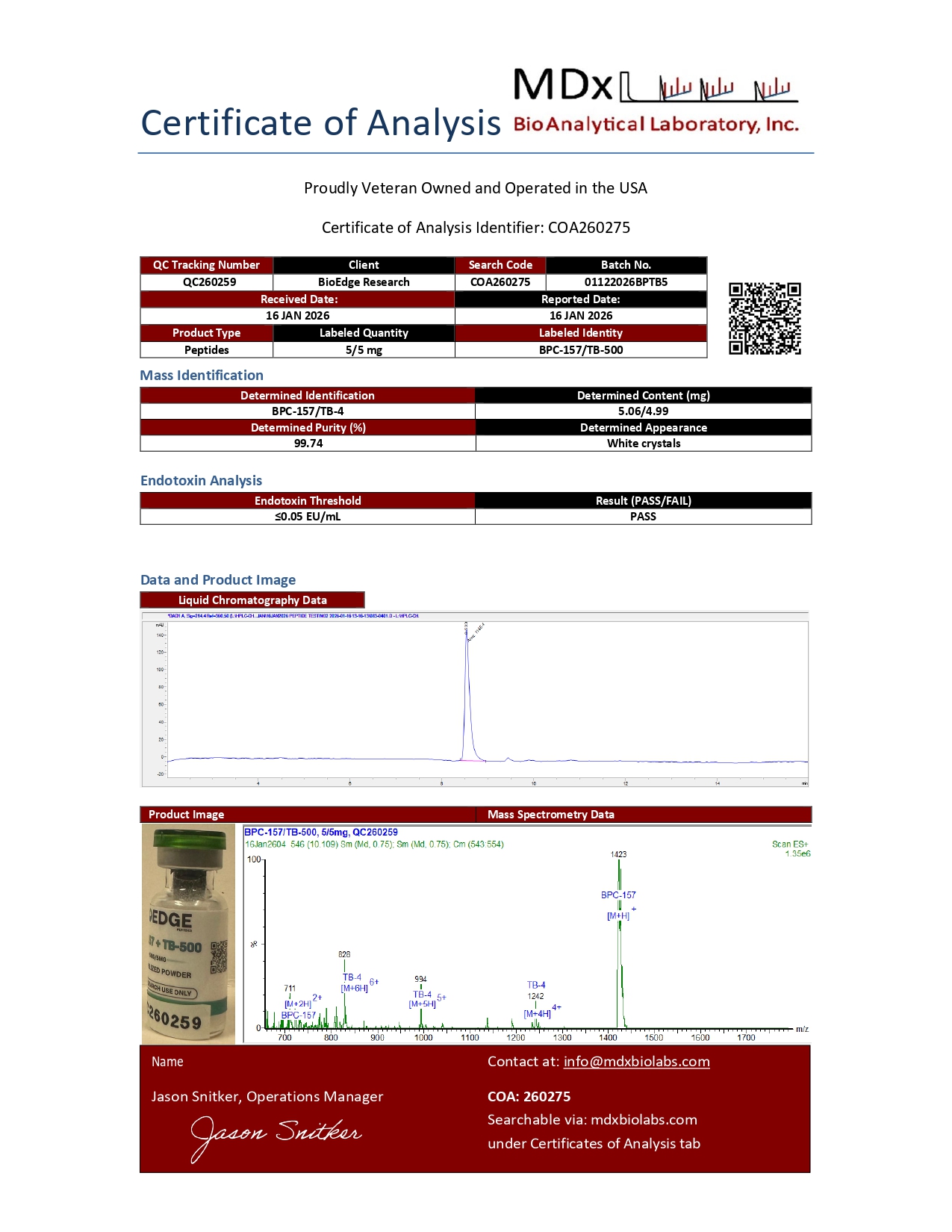 Certificate of Analysis for BPC-157 + TB-500 from BioEdge Research Labs