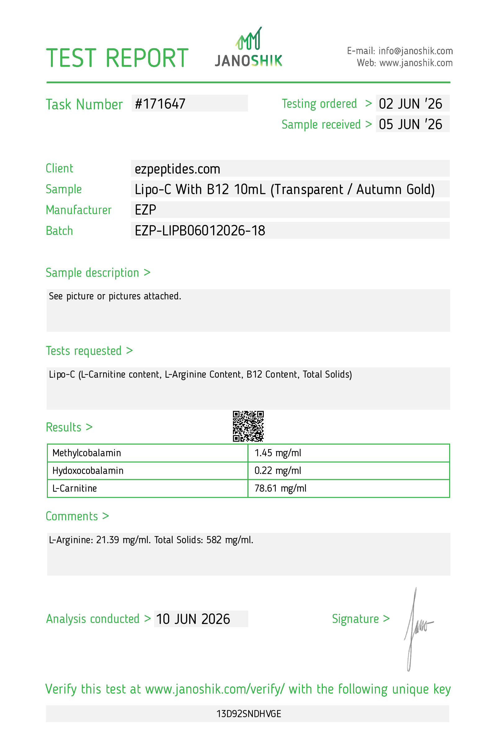 Certificate of Analysis for LIPO-C with B12 10ml from EZ Peptides
