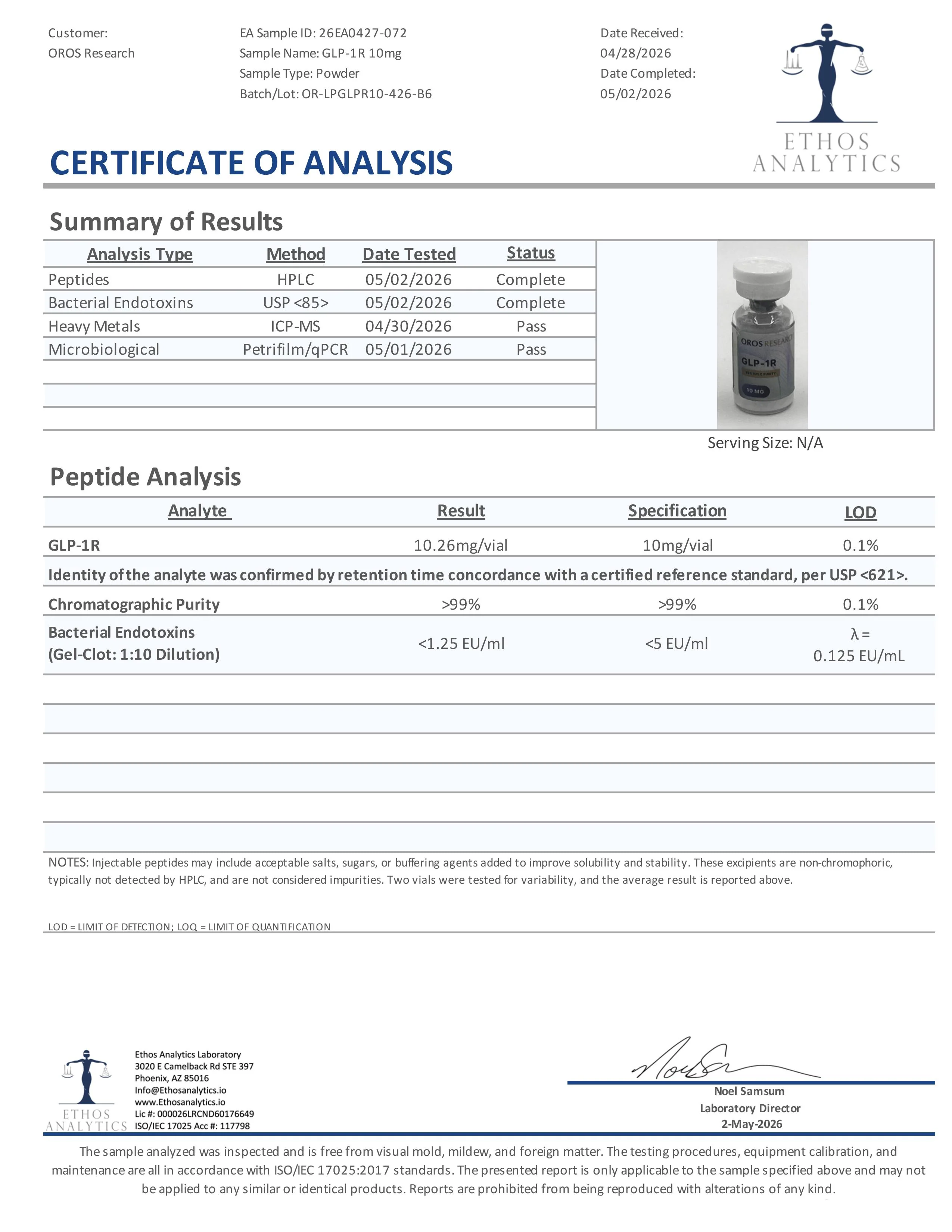 Certificate of Analysis for GLP-1R (Reta) from Oros Research
