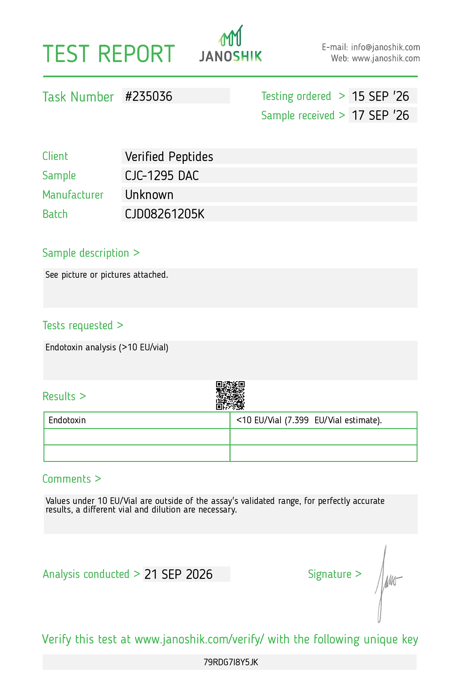 Certificate of Analysis for CJC-1295 DAC Peptide (5MG) from Verified Peptides