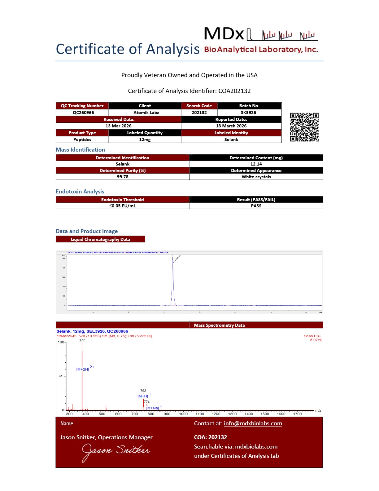 Certificate of Analysis for Selank from Atomik Labz