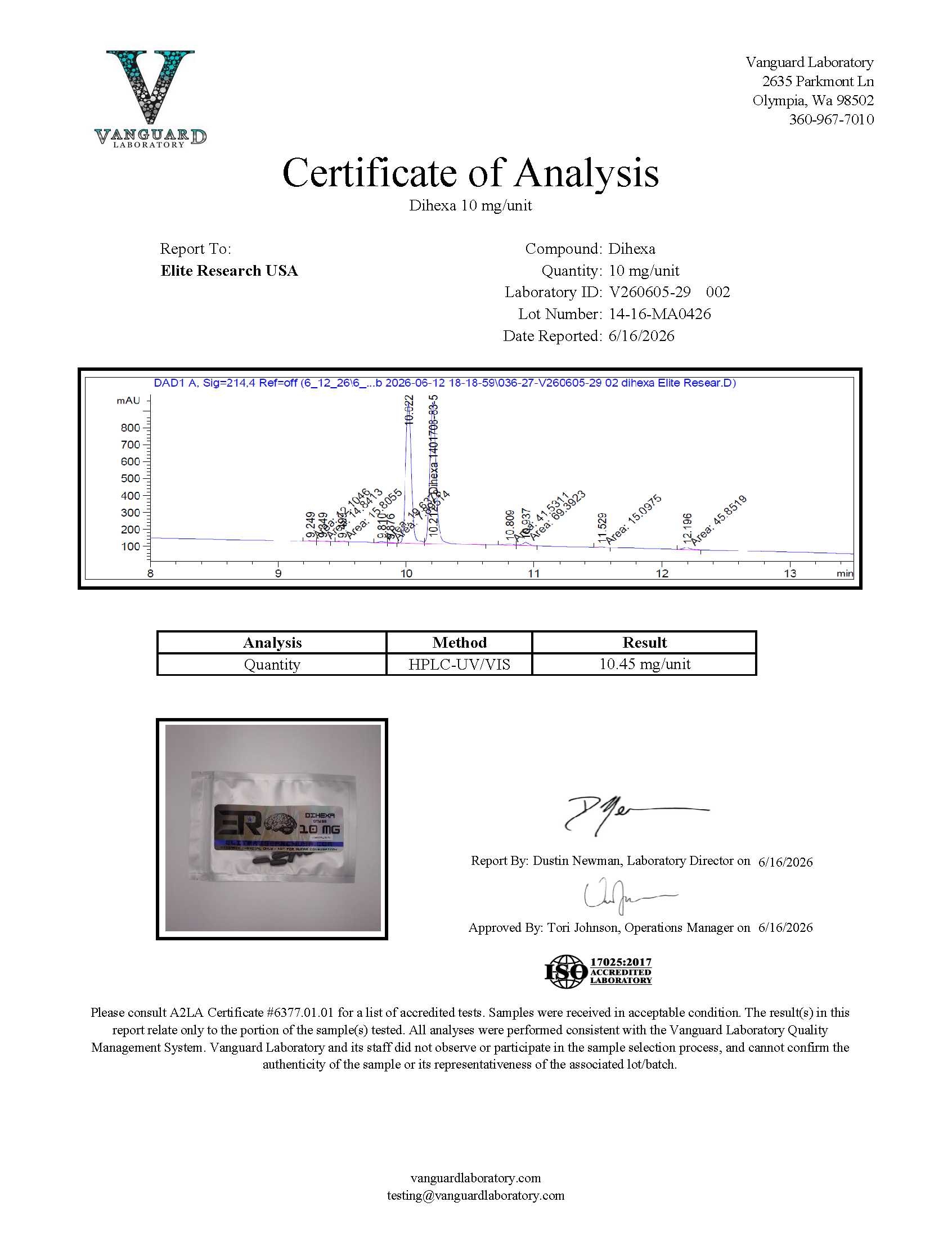Certificate of Analysis for Vanguard Laboratory COA from Elite Research USA