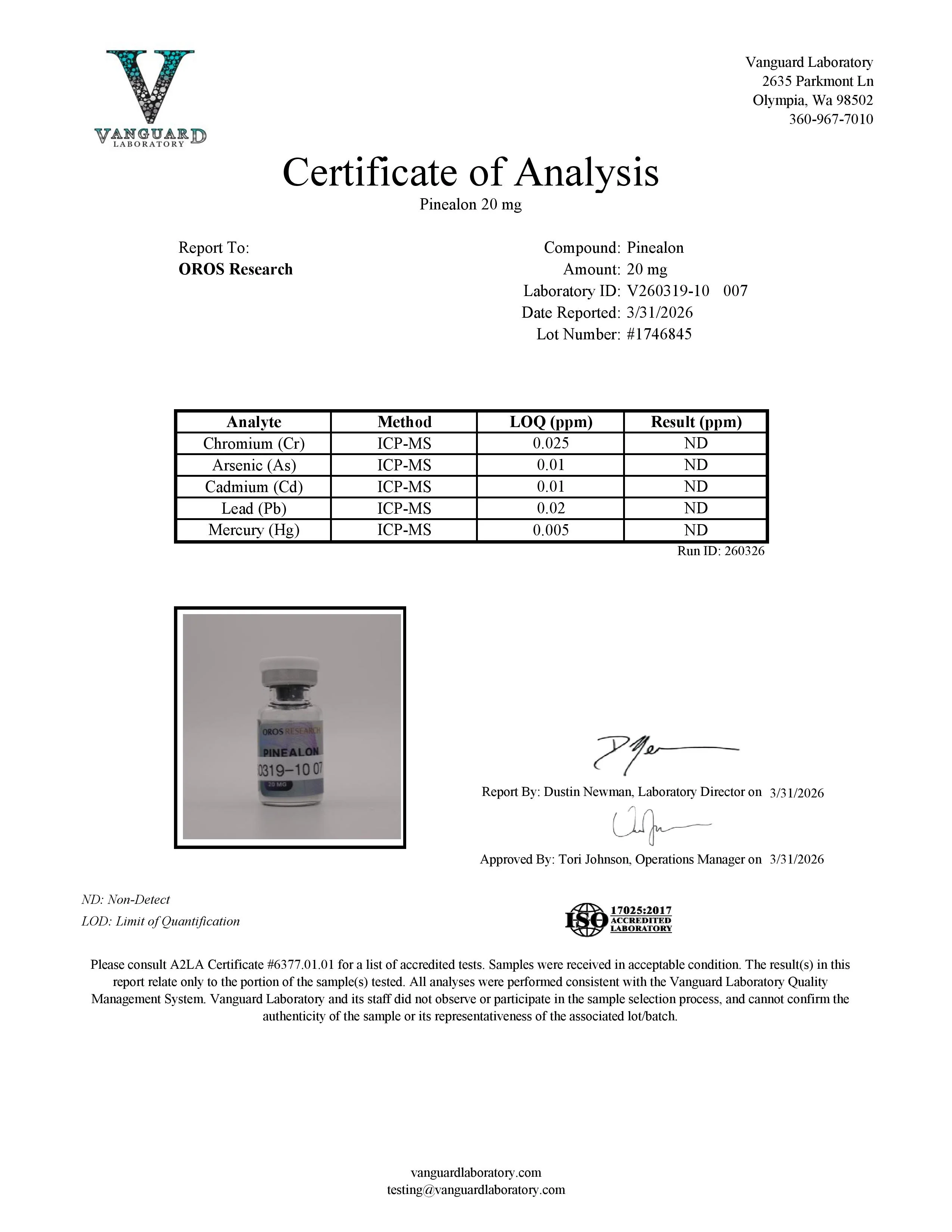 Certificate of Analysis for Pinealon from Oros Research
