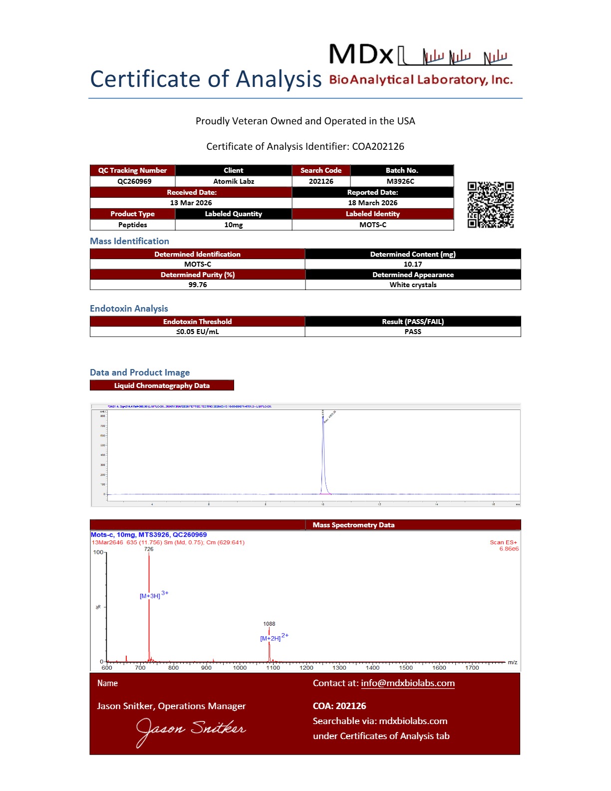 Certificate of Analysis for MOTS-c from Atomik Labz