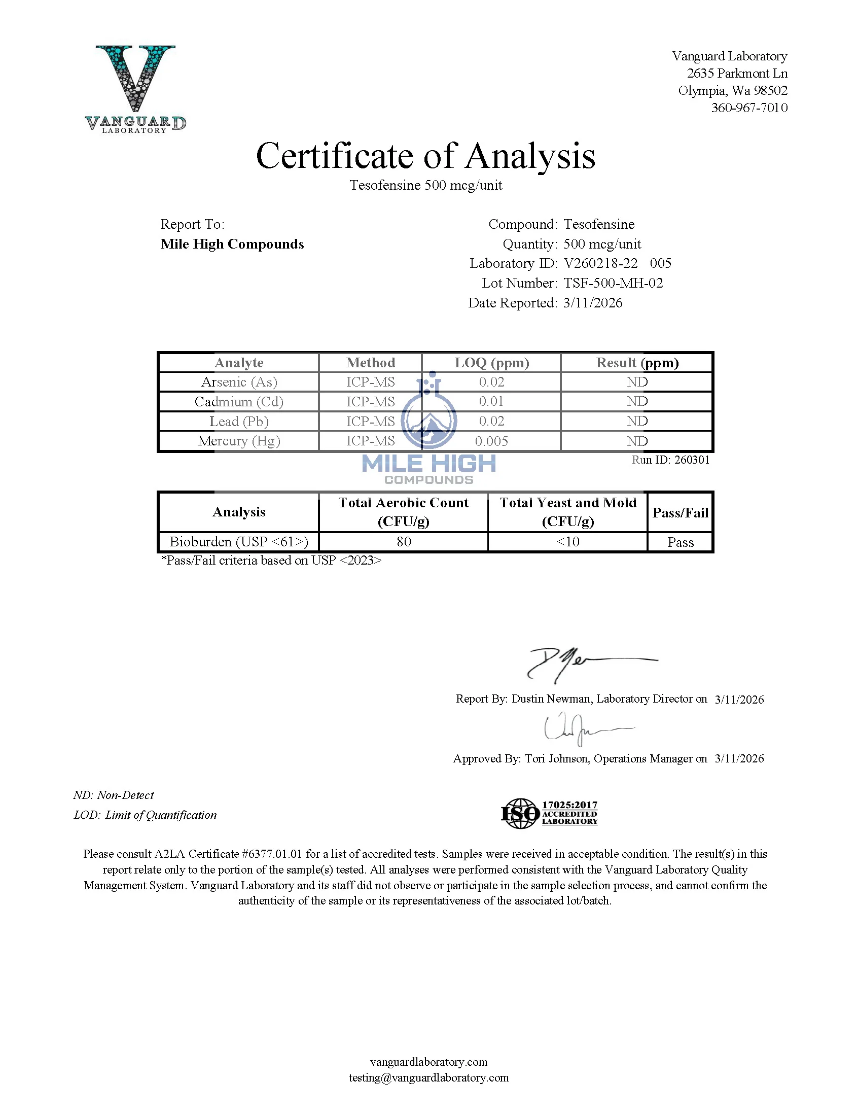 Certificate of Analysis for Tesofensine from Mile High Compounds