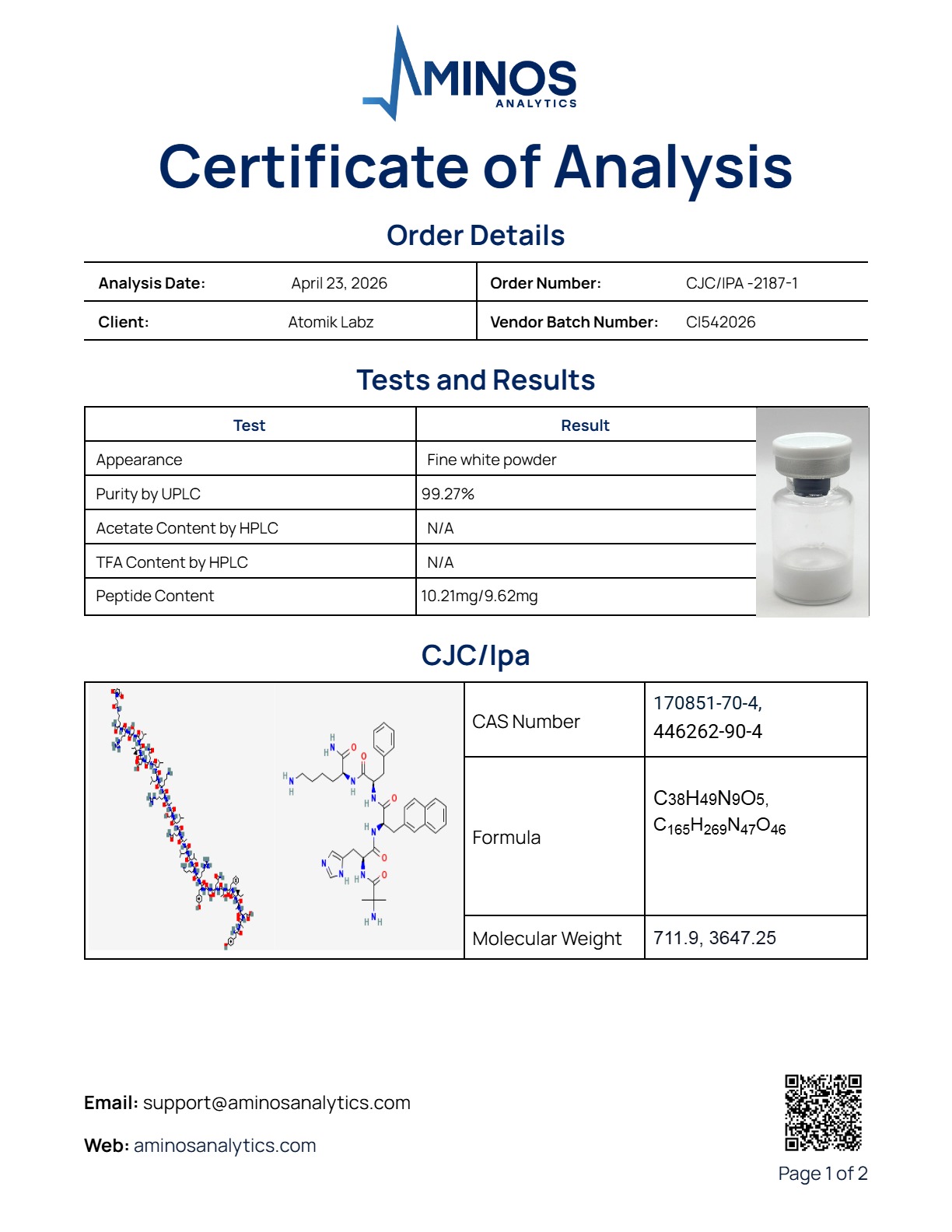 Certificate of Analysis for CJC-1295 No DAC / Ipamorelin Blend from Atomik Labz