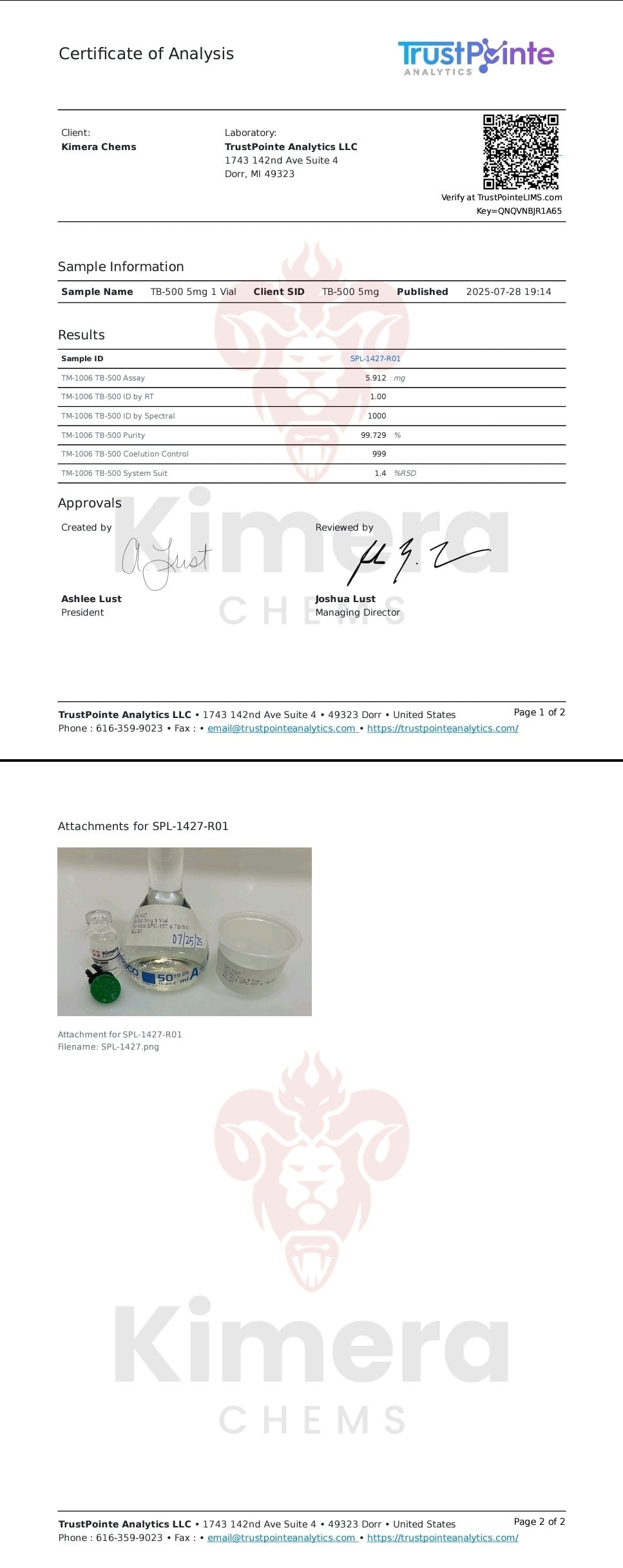 Certificate of Analysis for Tb 500 from Kimera Chems