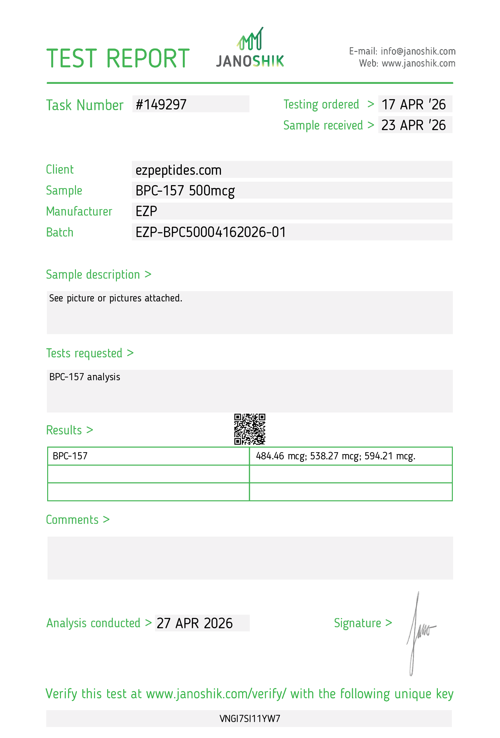 Certificate of Analysis for BPC-157 500mcg (100 tabs/bottle) from EZ Peptides