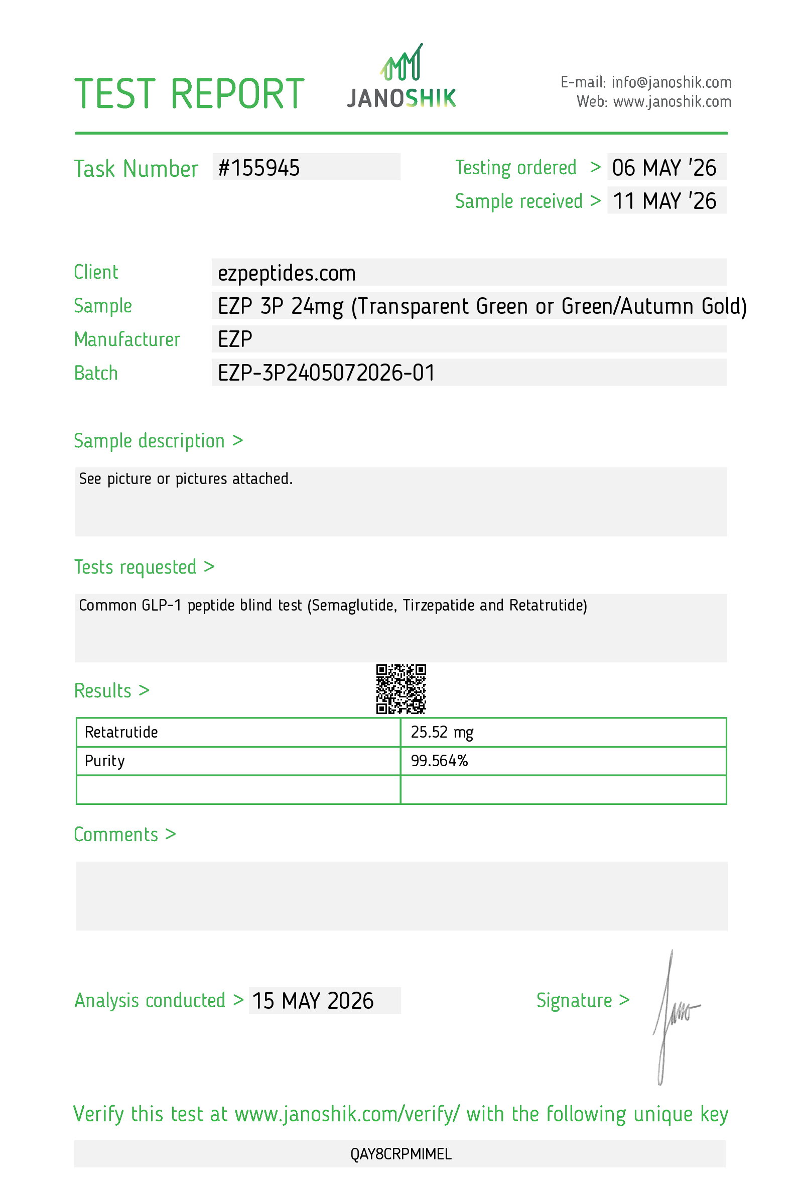 Certificate of Analysis for EZP-3P 24mg from EZ Peptides