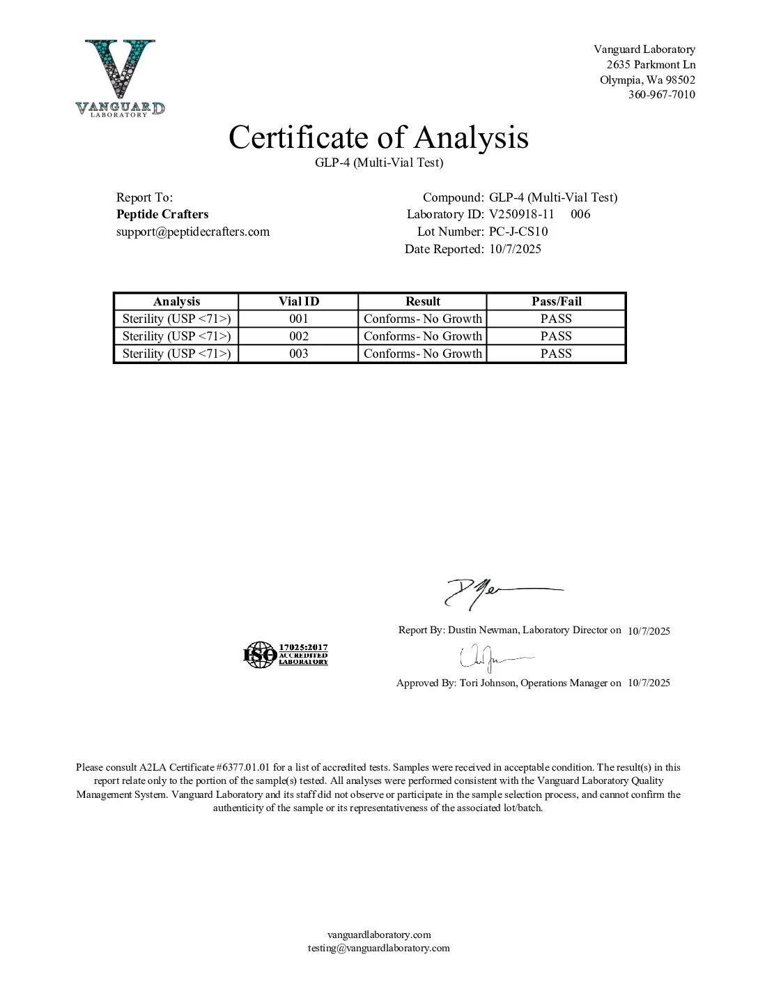 Certificate of Analysis for GLP-4 (C+S) 10mg (5/5mg Blend) from Peptide Crafters