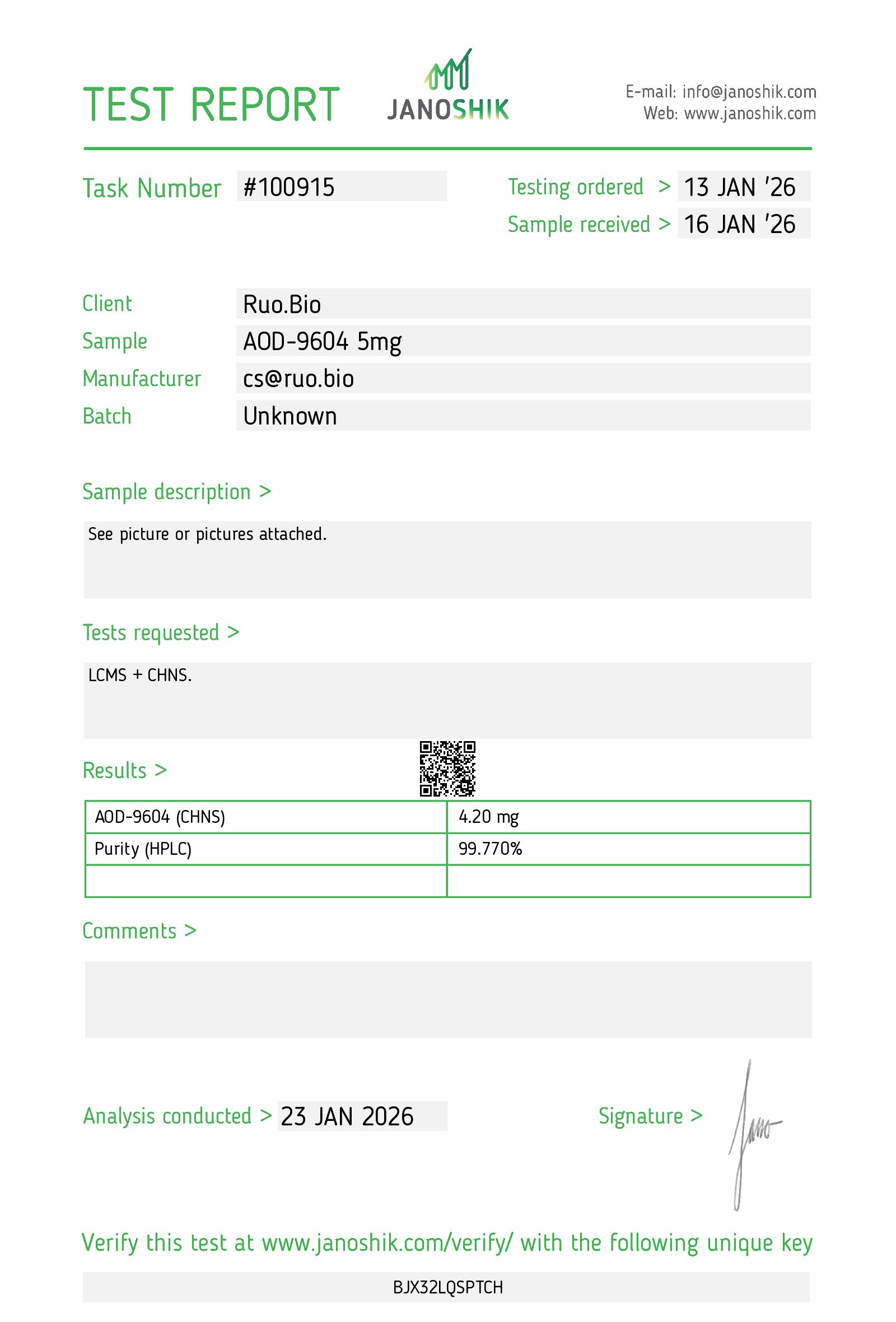Certificate of Analysis for AOD-9604 5mg from RUO