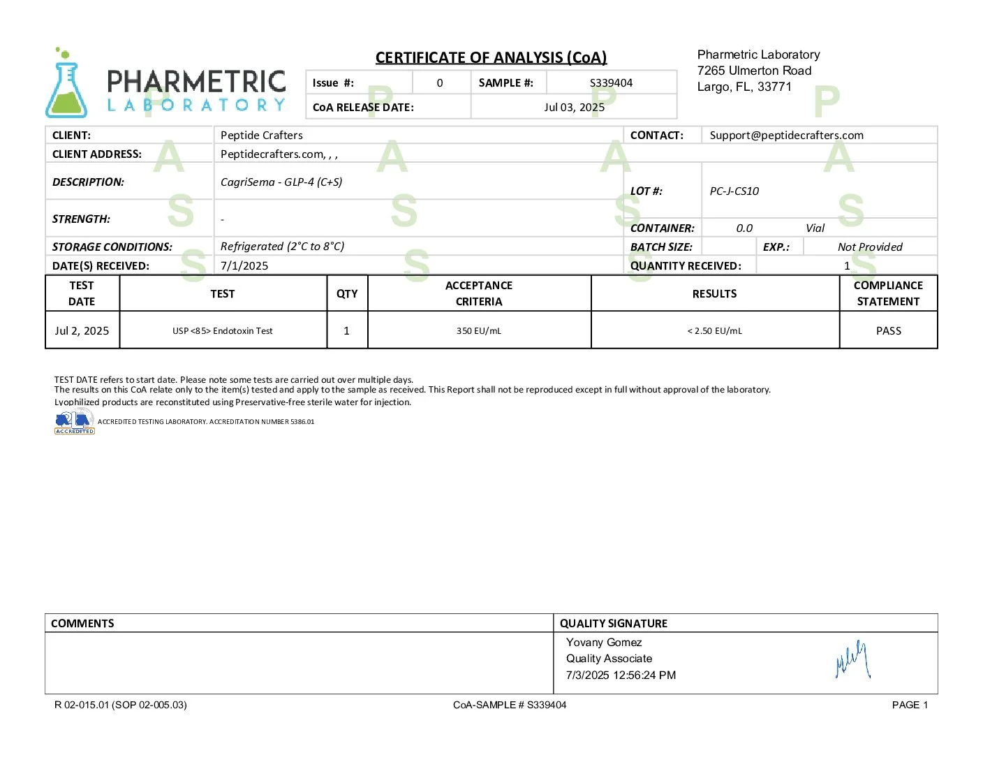 Certificate of Analysis for GLP-4 (C+S) 10mg (5/5mg Blend) from Peptide Crafters